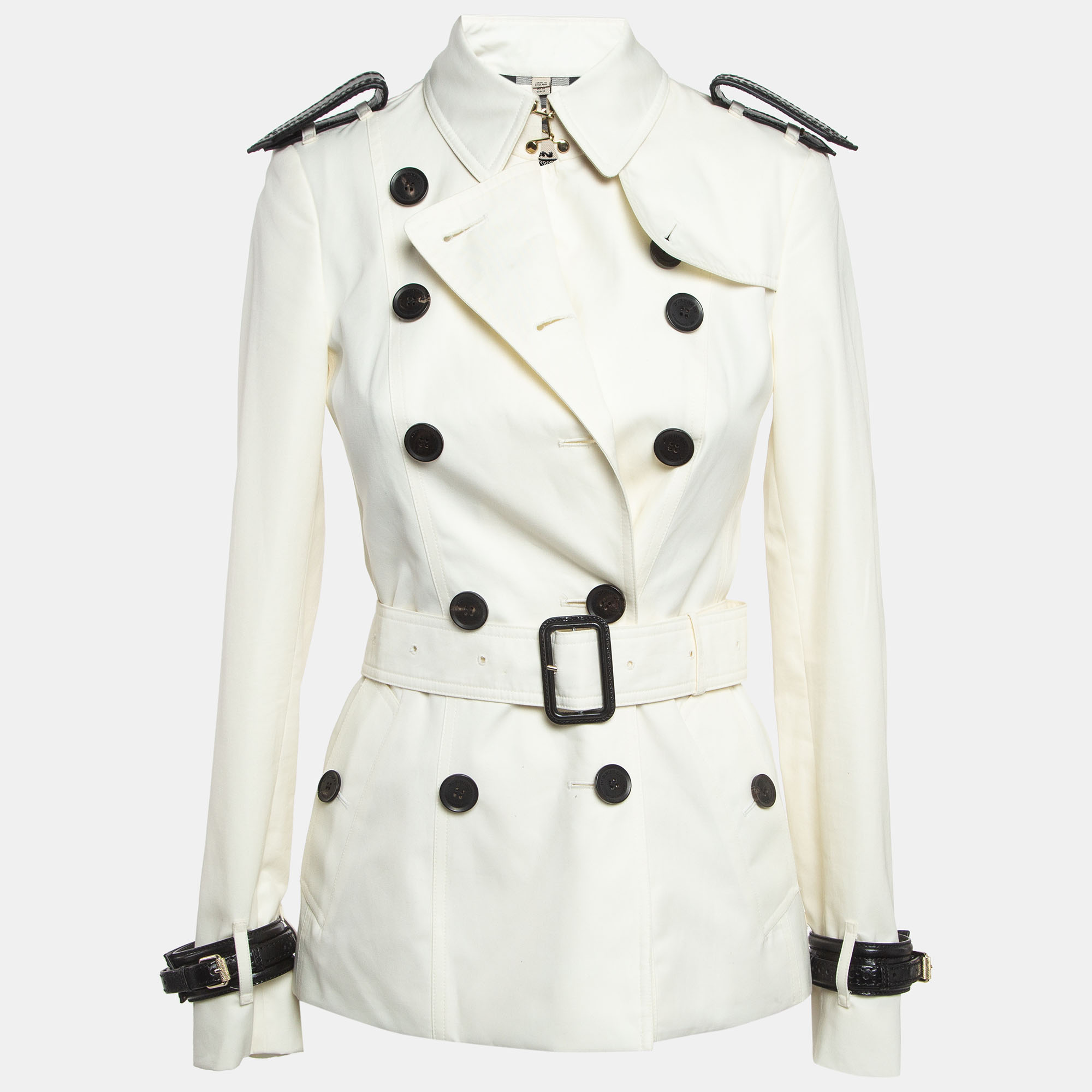 

Burberry White Leather Trim Gabardine Belted Short Trench Coat