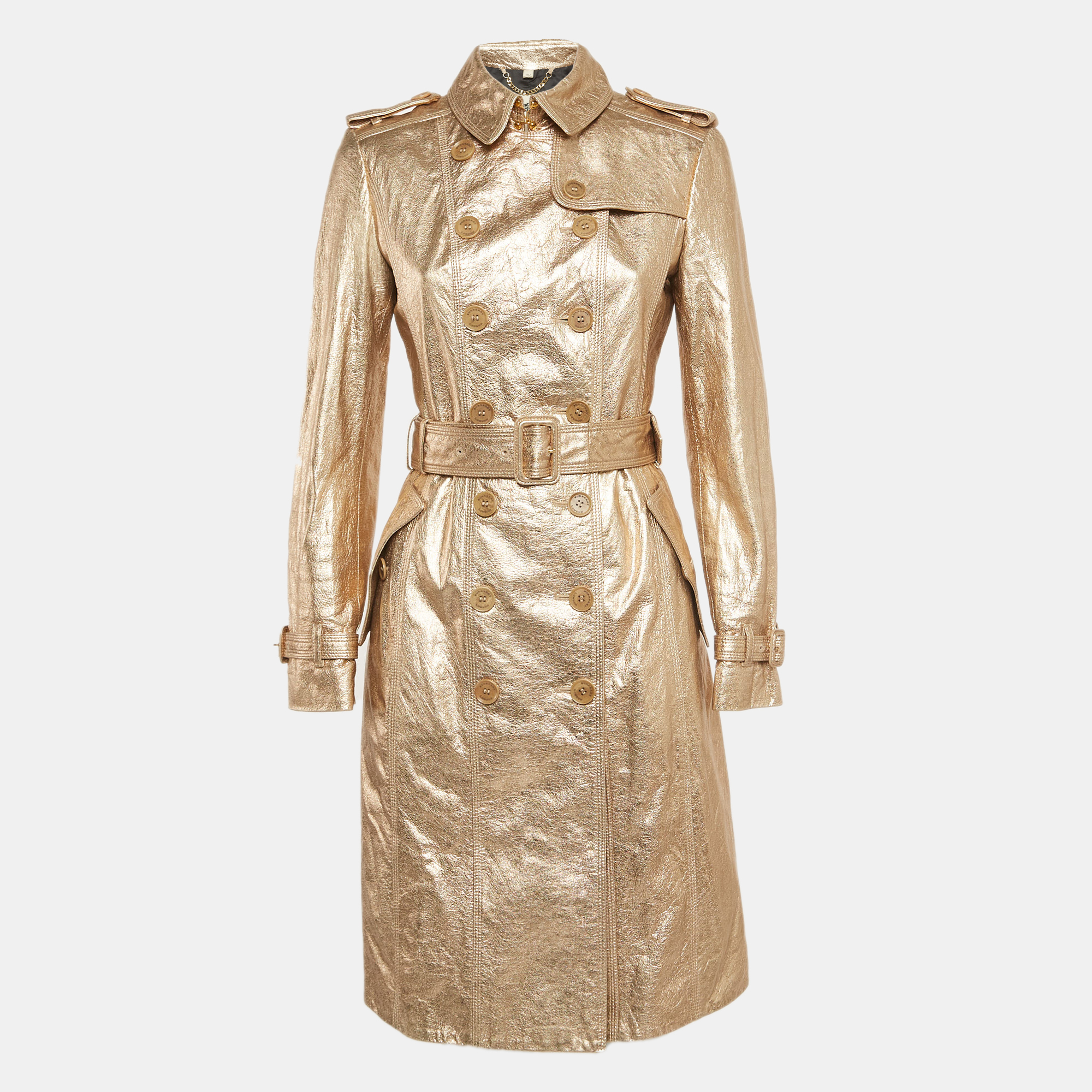 

Burberry Metallic Gold Leather Double Breasted Belted Trench Coat