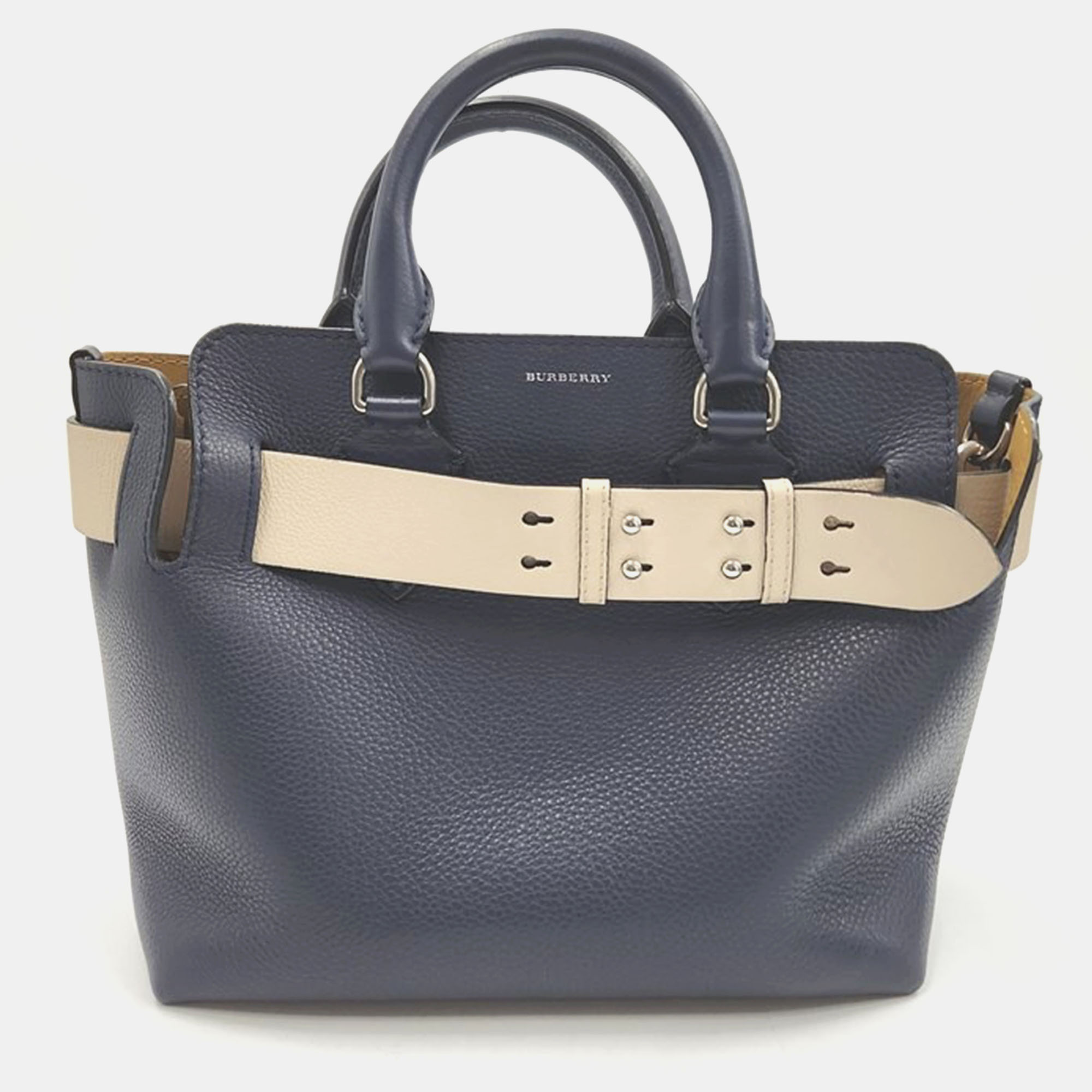 

Burberry Navy Blue Leather Small Belt Tote Bag