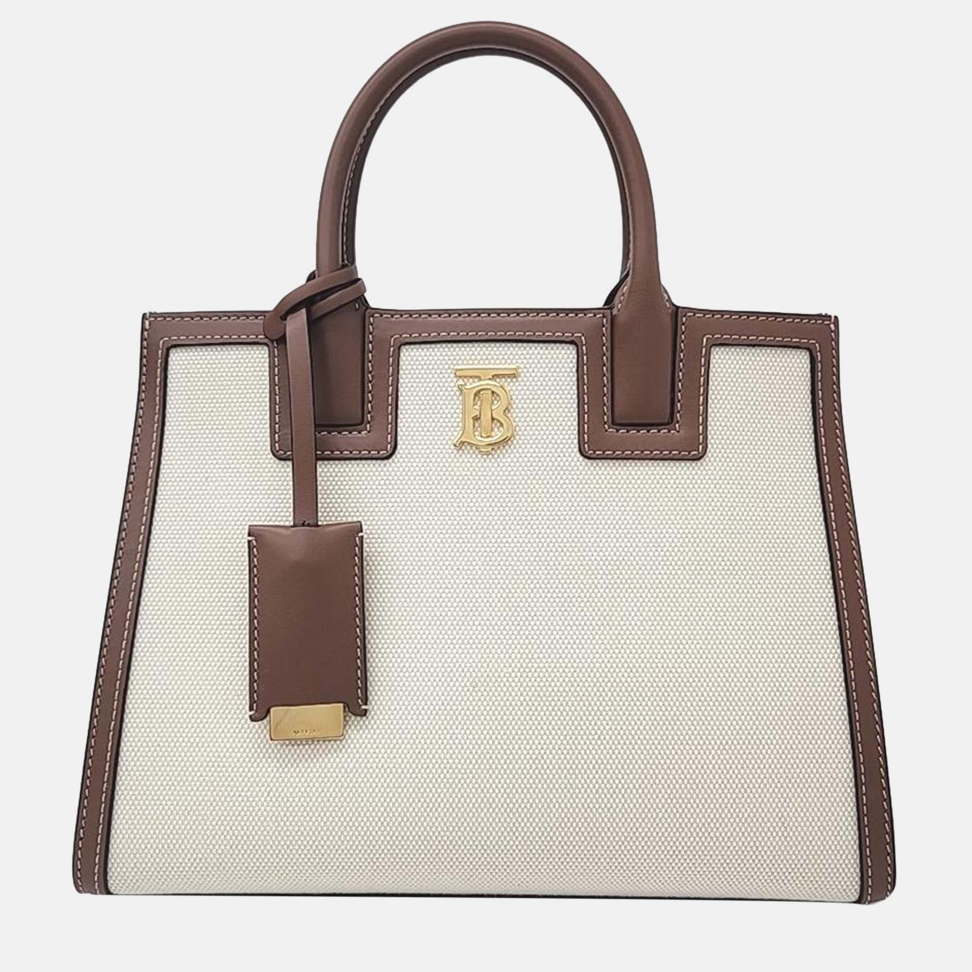 

Burberry Ivory/Brown Leather and Canvas Mini Frances Tote Bag, Beige