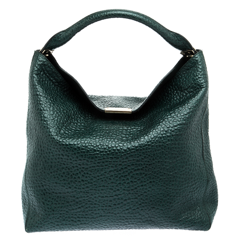 Pre Owned Burberry Emerald Green Grain Leather Lindburn Hobo