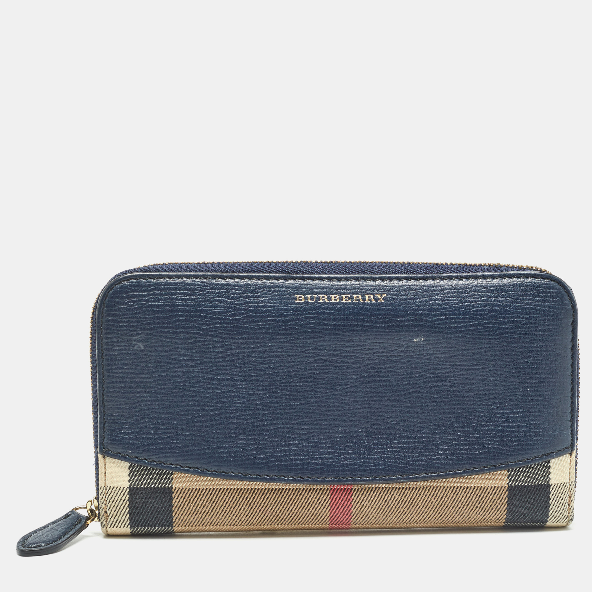 

Burberry Navy Blue/Beige House Check Canvas and Leather Zip Continental Wallet