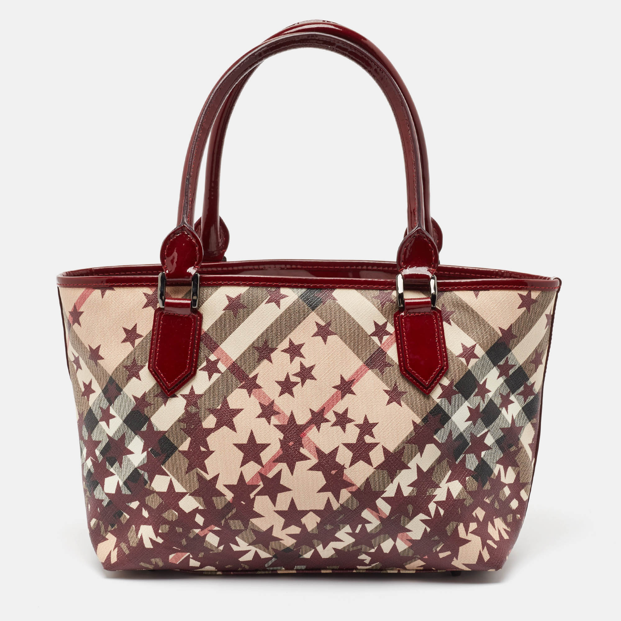 Pre-owned Burberry Burgundy/beige Nova Stars Printed Pvc And Patent Leather Nickie Tote