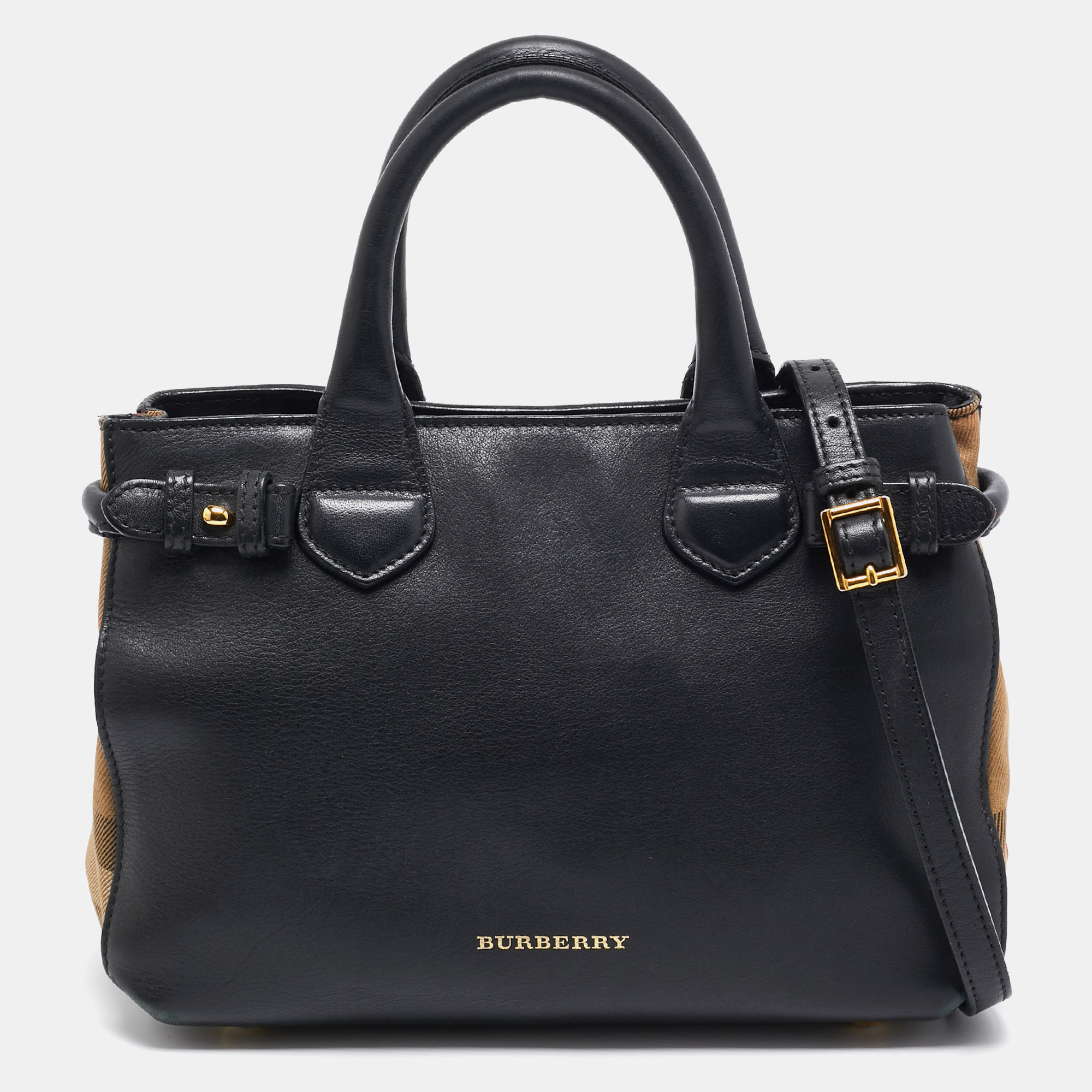 

Burberry Black/Beige Leather and House Check Fabric Small Banner Tote