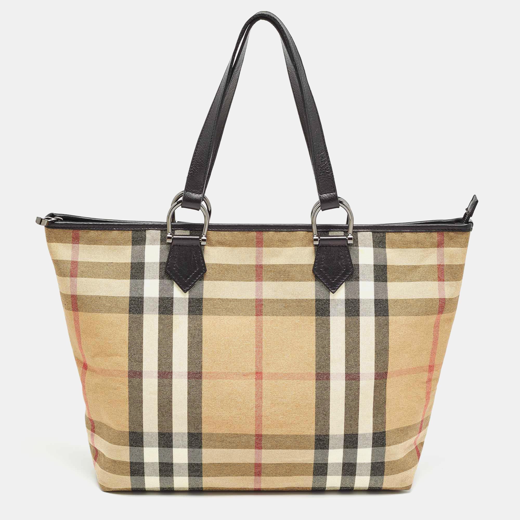 

Burberry Beige/Black House Check Shimmer Fabric and Leather Nickie Tote