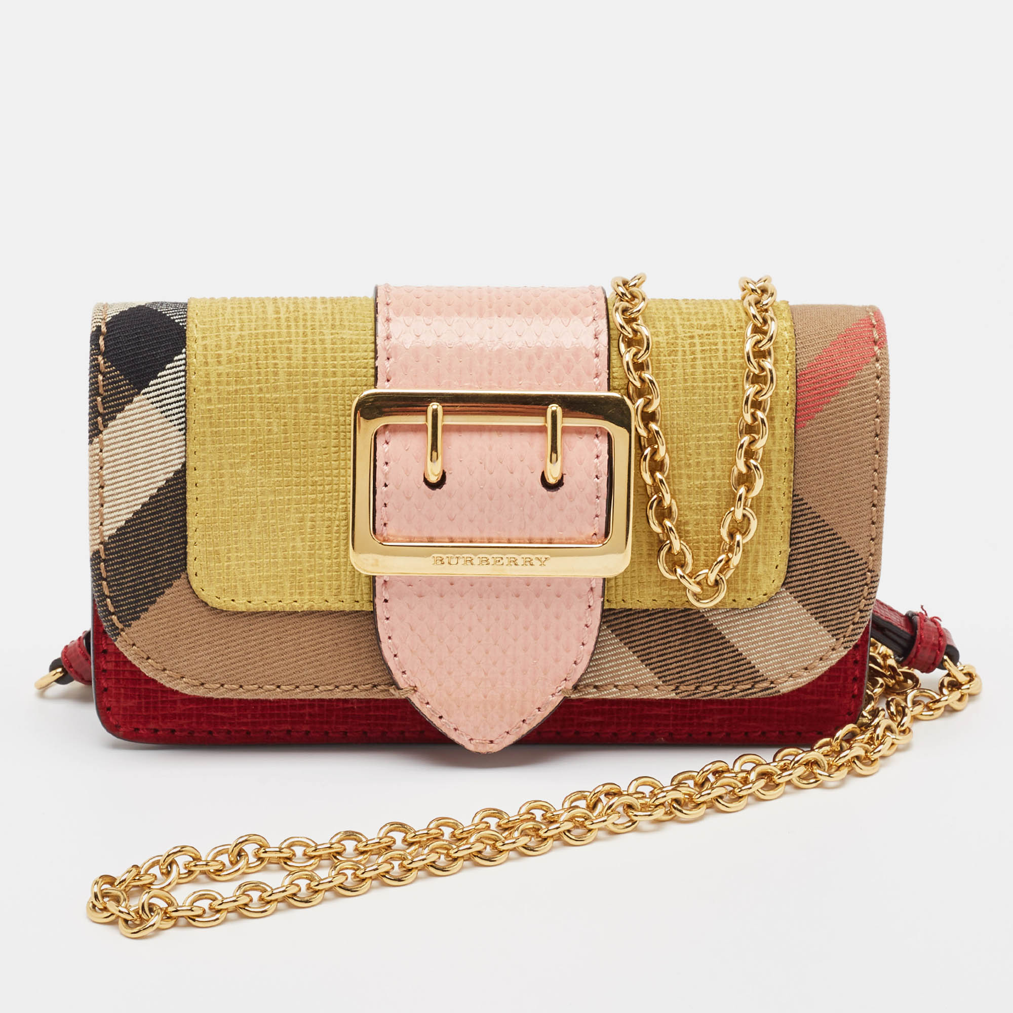 

Burberry Multicolor House Check Canvas, Leather and Snakeskin Buckle Phone Crossbody Bag, Metallic