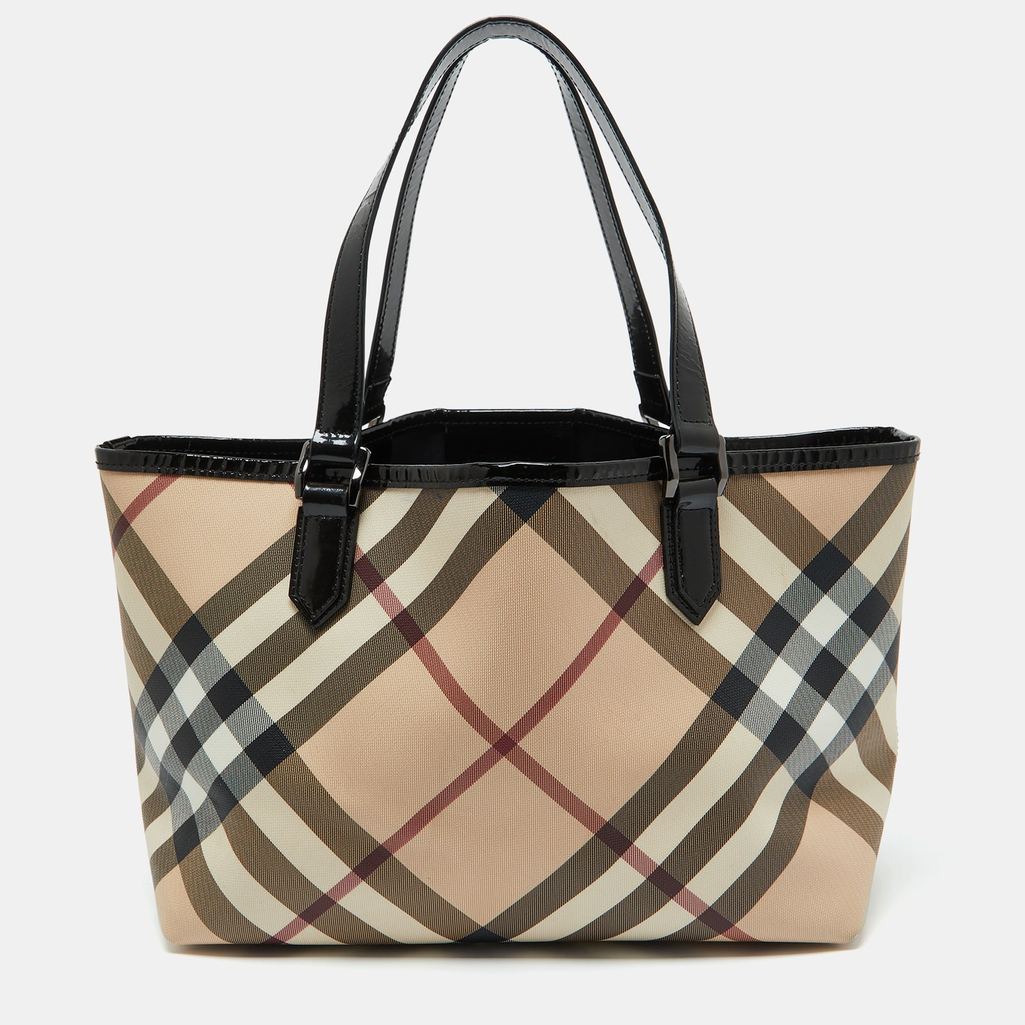 Pre-owned Burberry Beige/black Supernova Check Coated Canvas And Patent Leather Nickie Tote