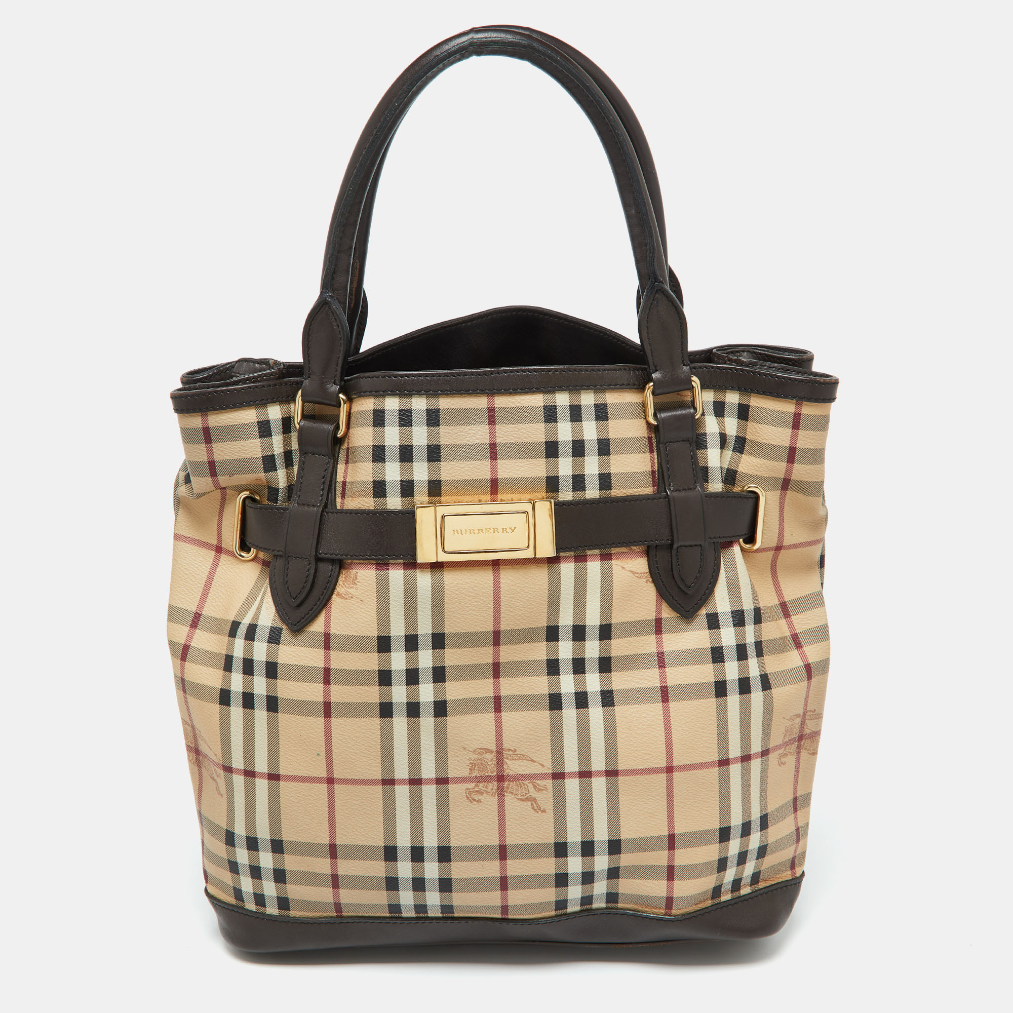 

Burberry Beige/Brown Haymarket Check PVC and Leather Medium Golderton Tote