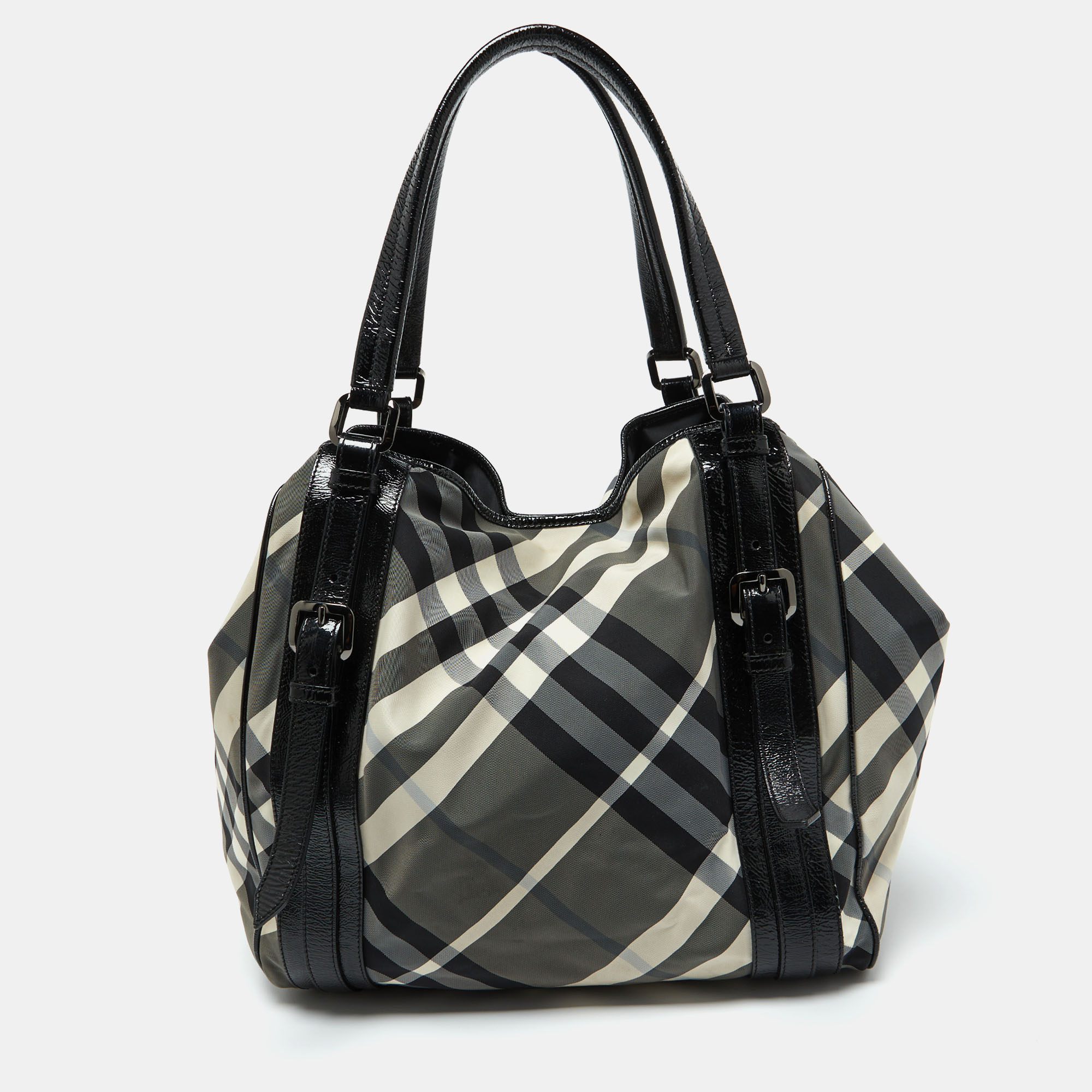 

Burberry Black Beat Check Nylon and Patent Leather Large Victoria Tote