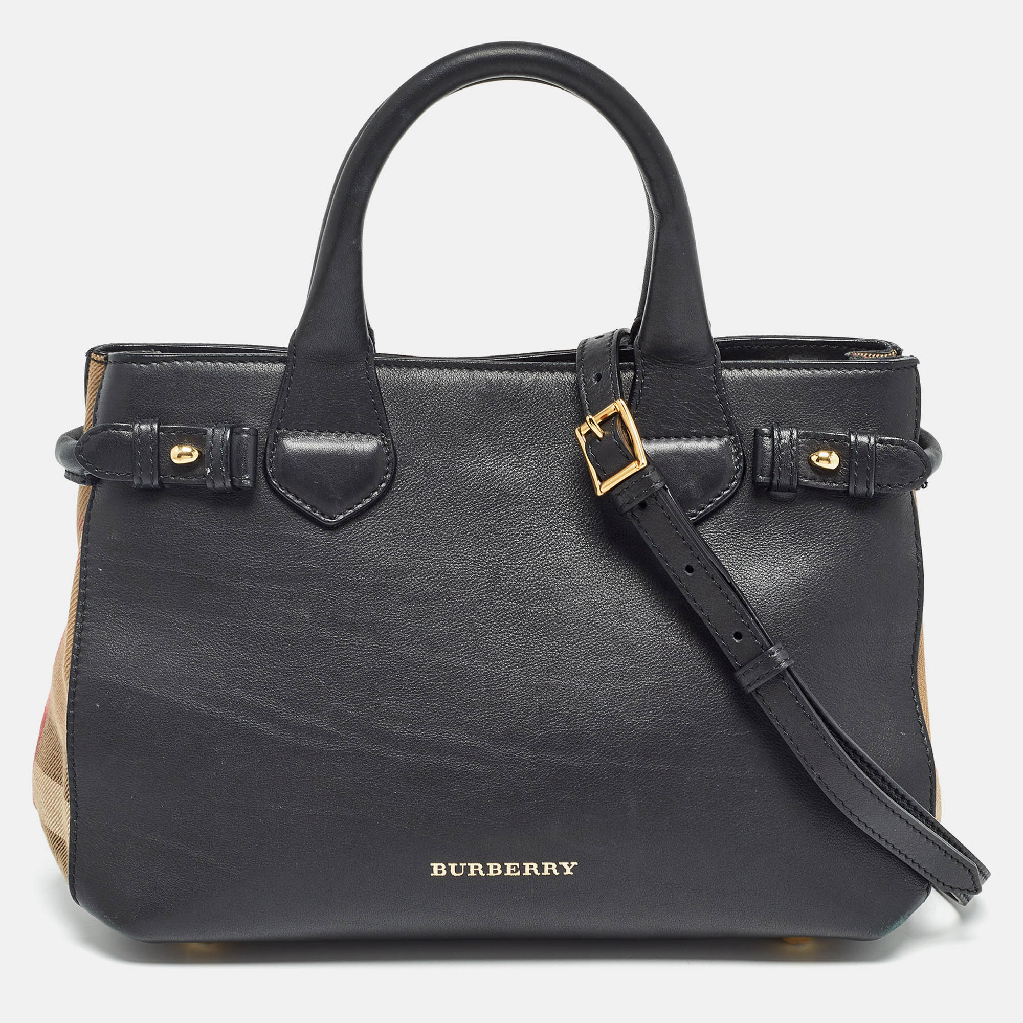 

Burberry Black/Beige Leather and House Check Canvas Small Banner Tote