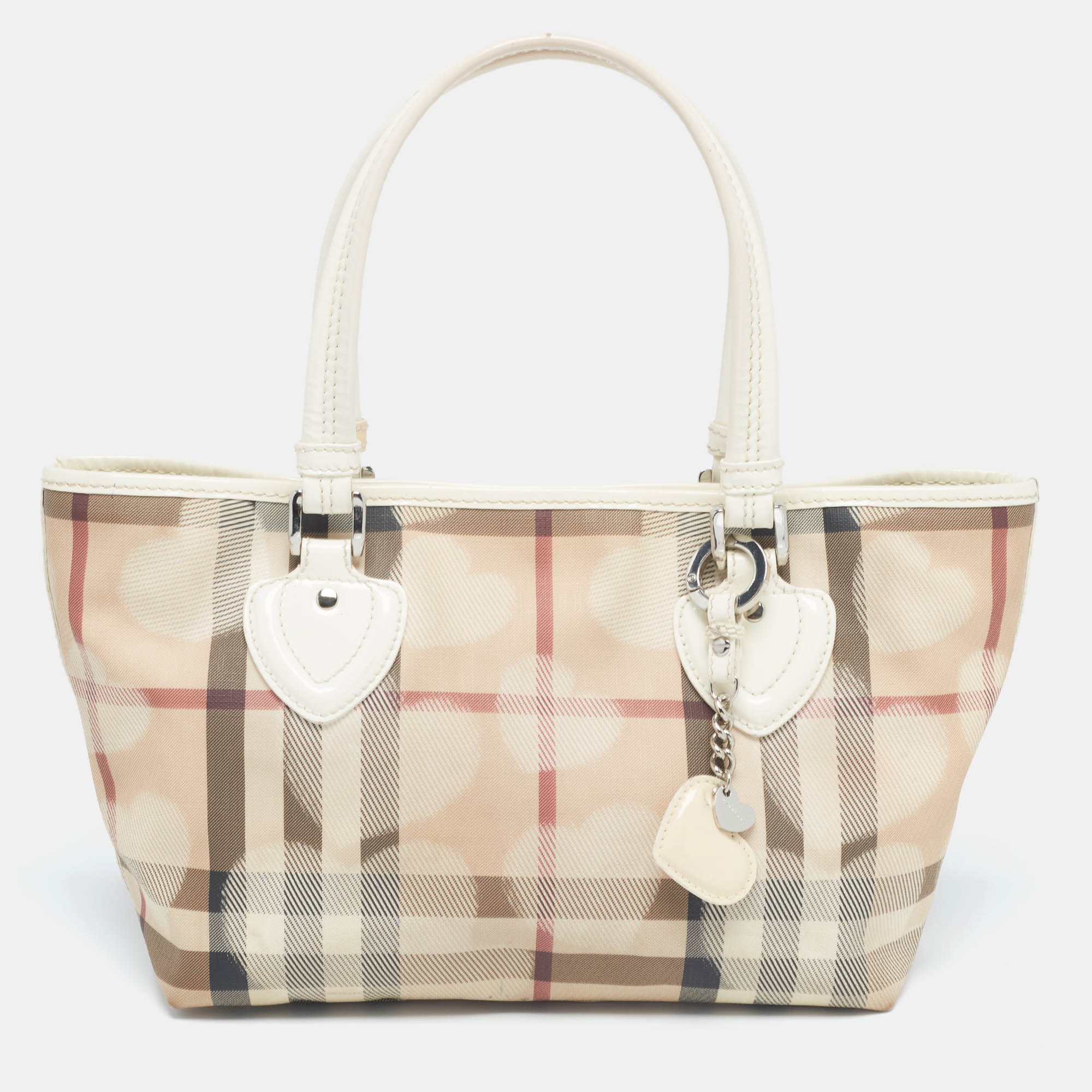 Pre-owned Burberry White/beige House Check Pvc And Patent Leather Heart Tote