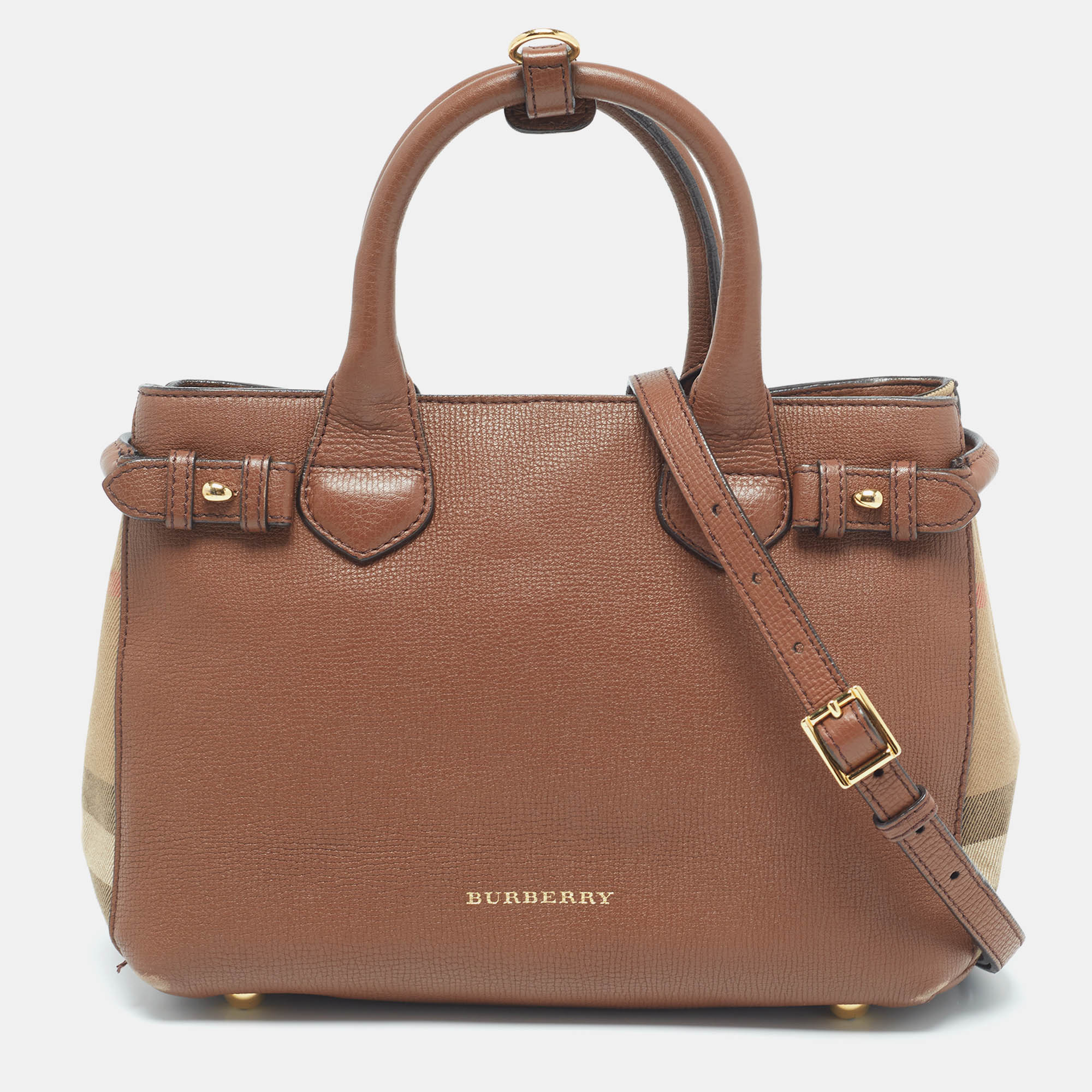 

Burberry Brown Leather and House Check Fabric Small Banner Tote