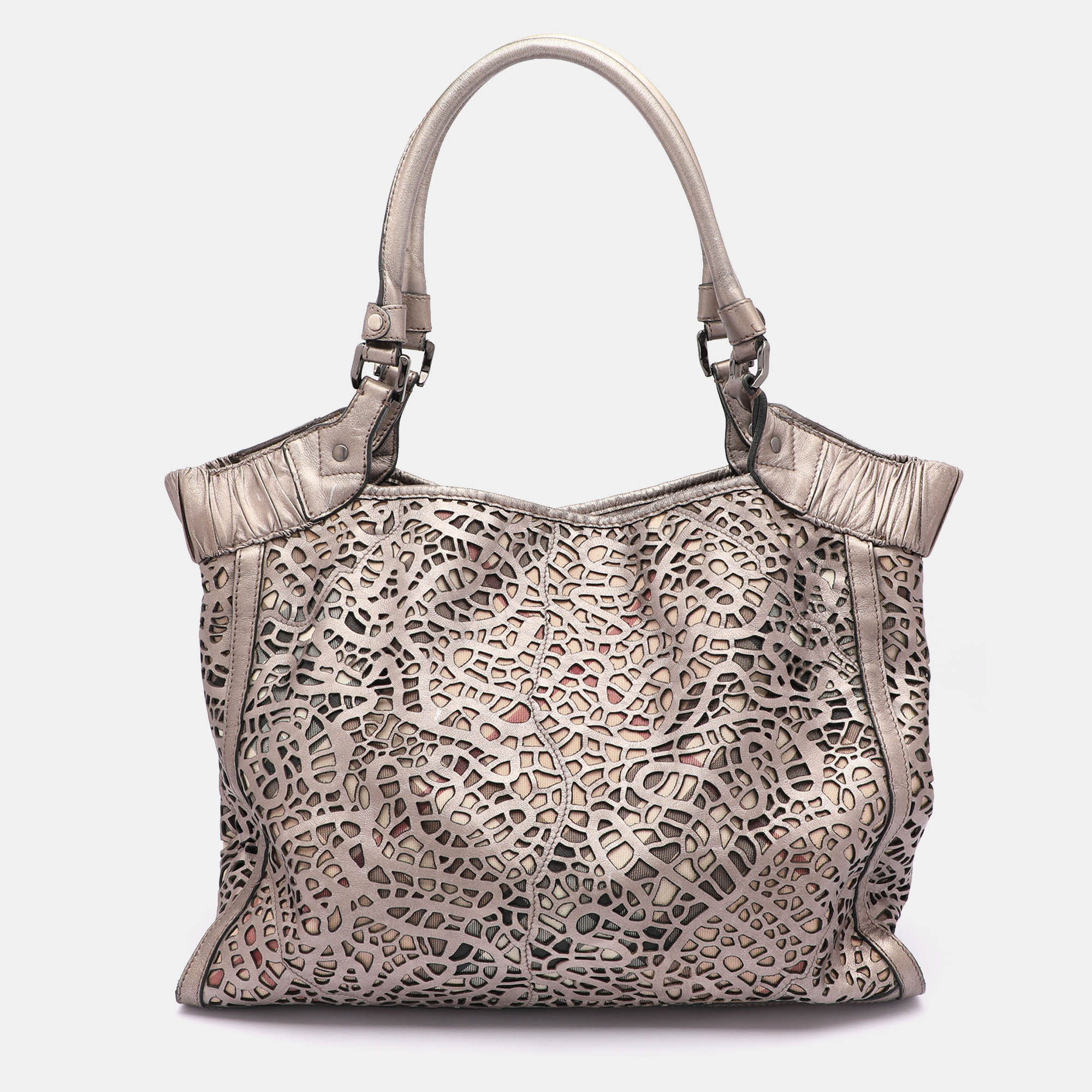 

Burberry Metallic Taupe Laser Cut Leather and Coated Canvas Tote