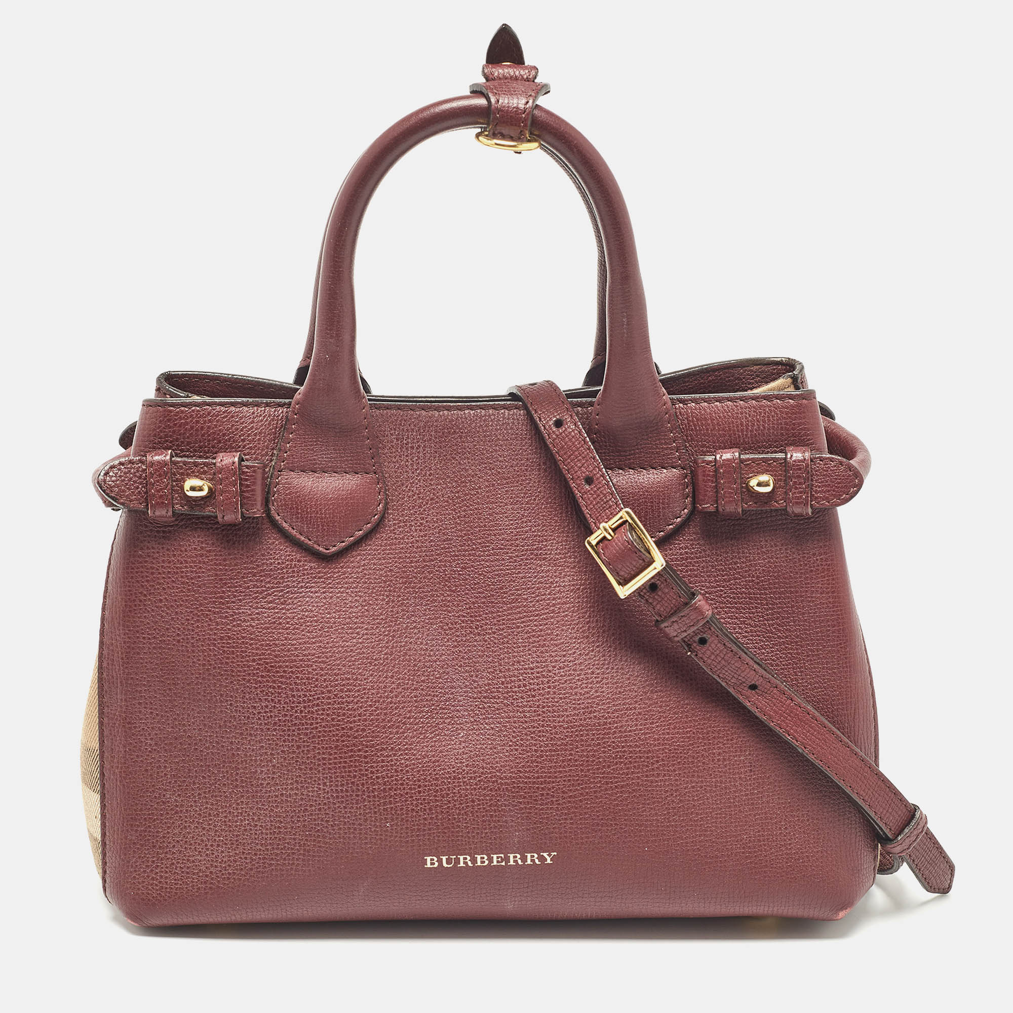 

Burberry Burgundy/Beige Leather and House Check Fabric  Banner Tote