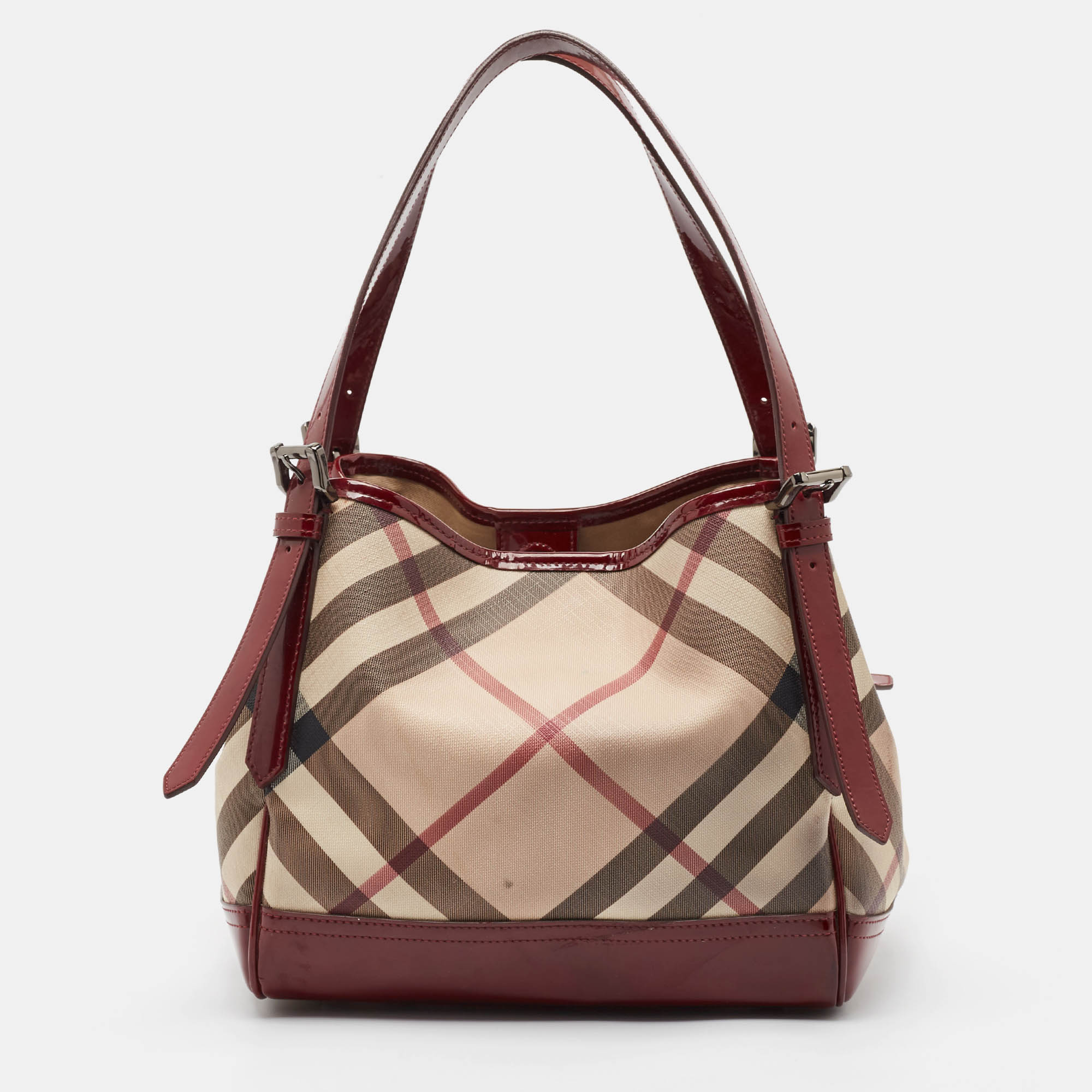 Pre-owned Burberry Burgundy/beige Nova Check Pvc And Patent Leather Canterbury Tote