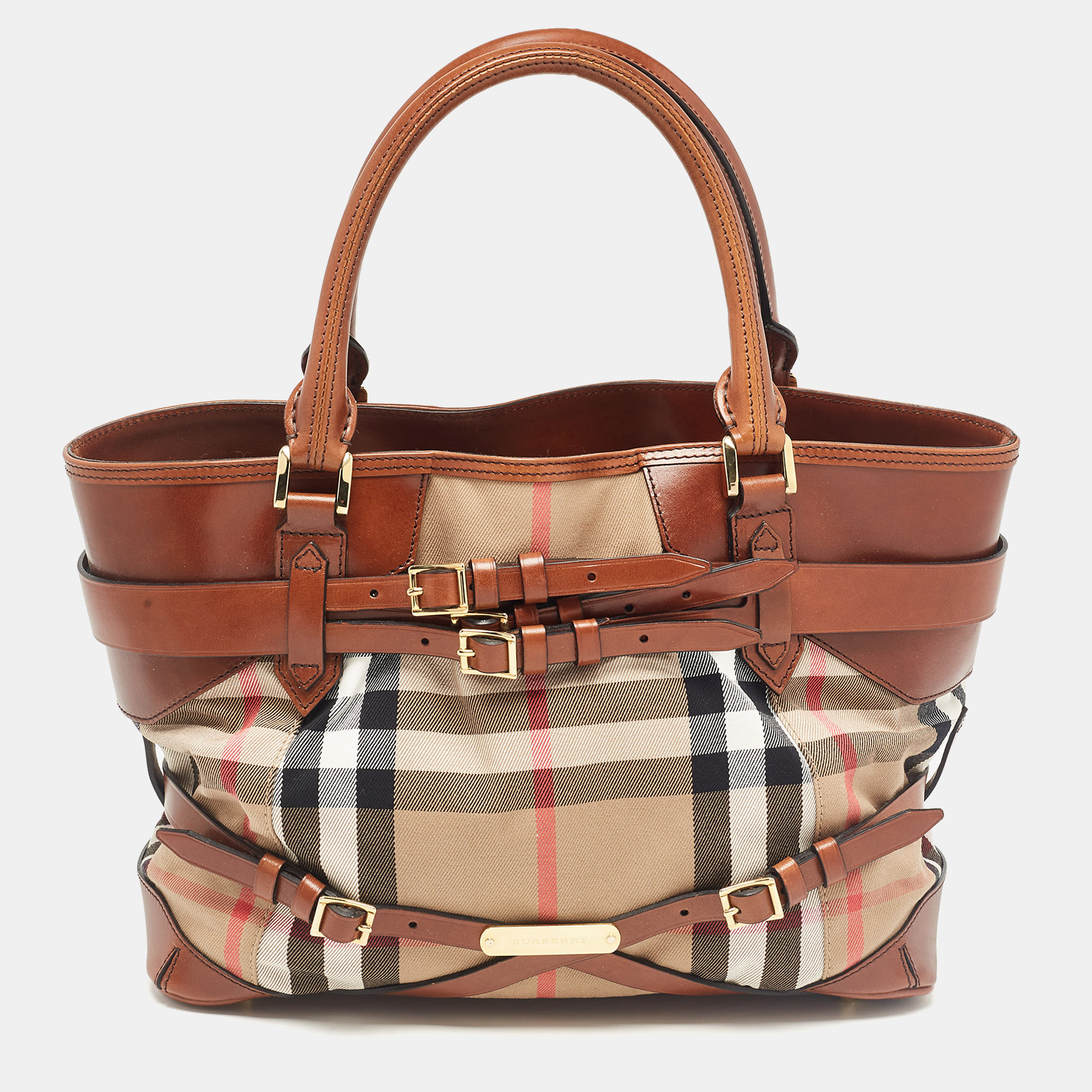 

Burberry Brown/Beige House Check Canvas and Leather Medium Bridle Lynher Tote