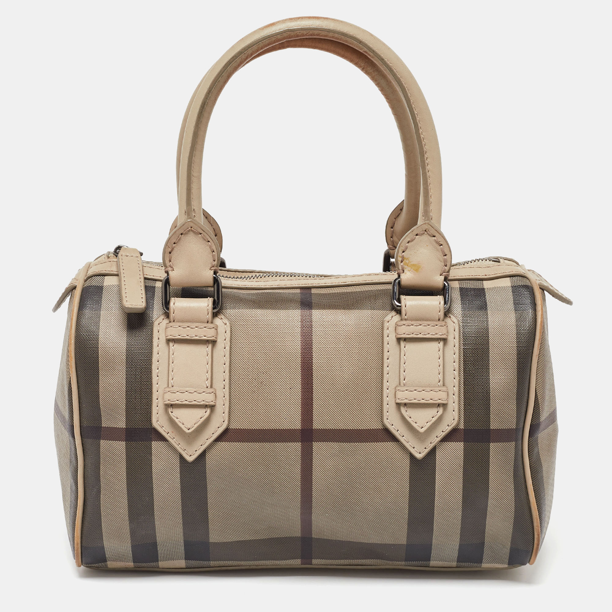 Pre-owned Burberry Beige Smoked Check Pvc And Leather Chester Boston Bag