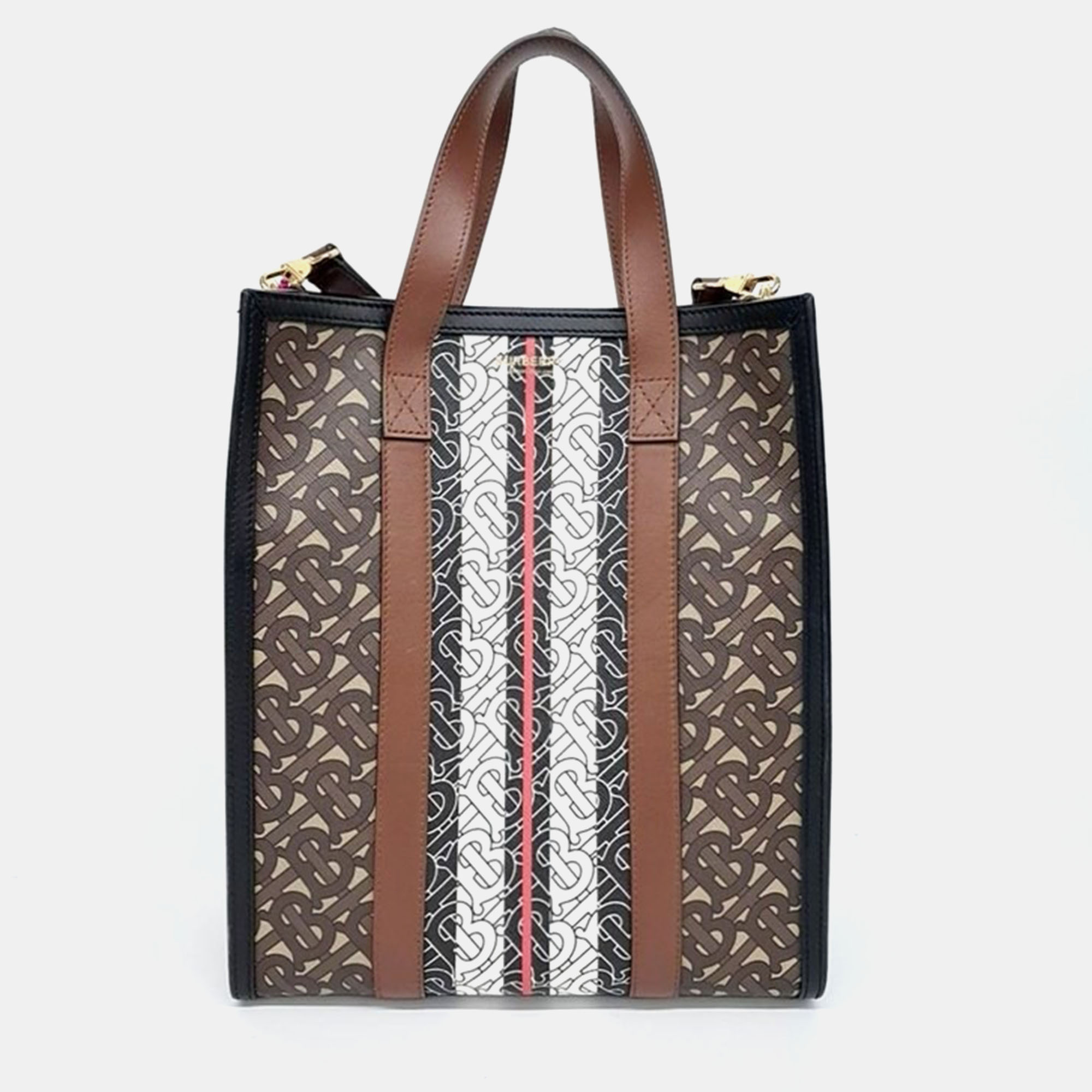 

Burberry Black/Brown TB Monogram Coated Canvas, Leather Stripe Portrait Tote, Multicolor