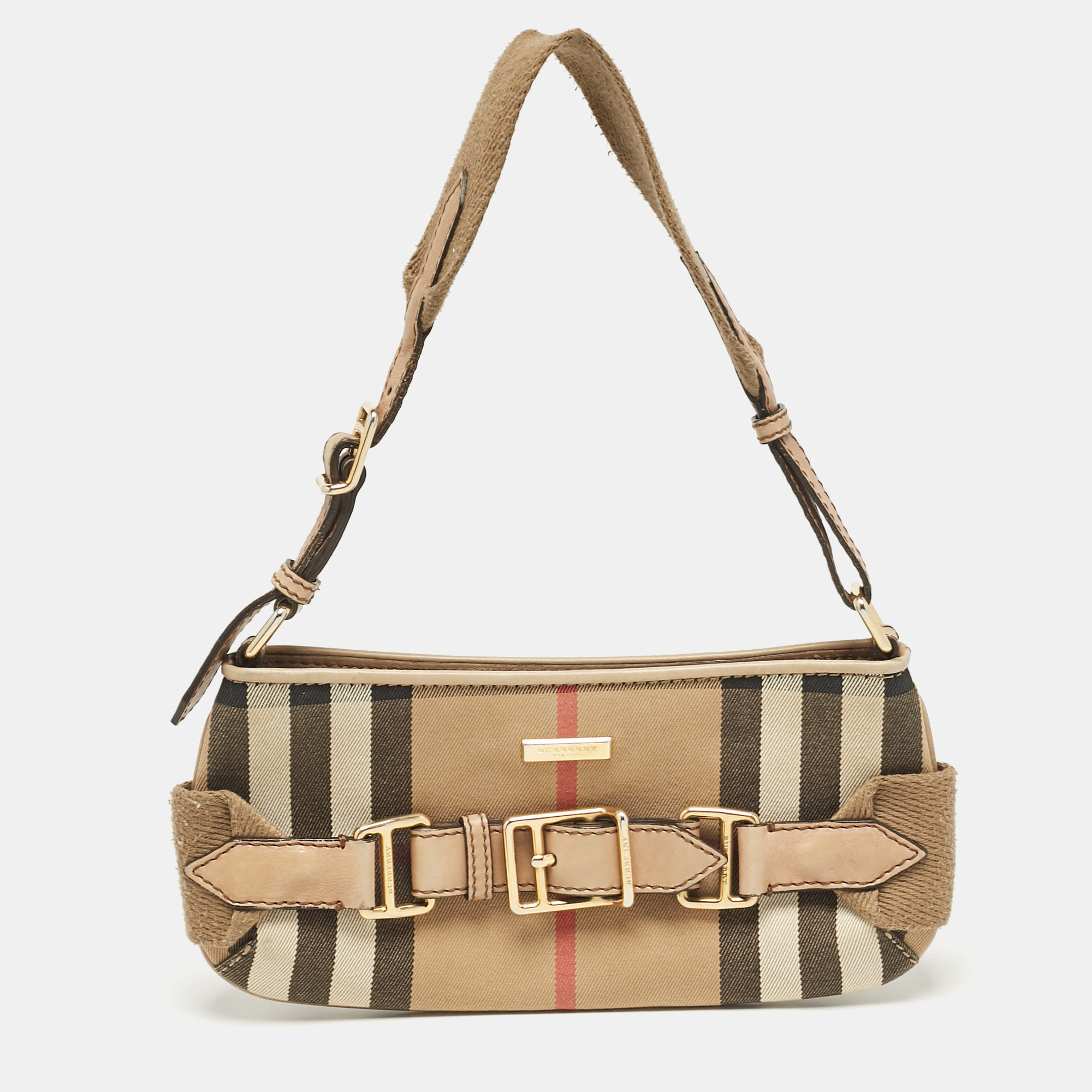 Pre-owned Burberry Beige House Check Fabric Baguette Bag