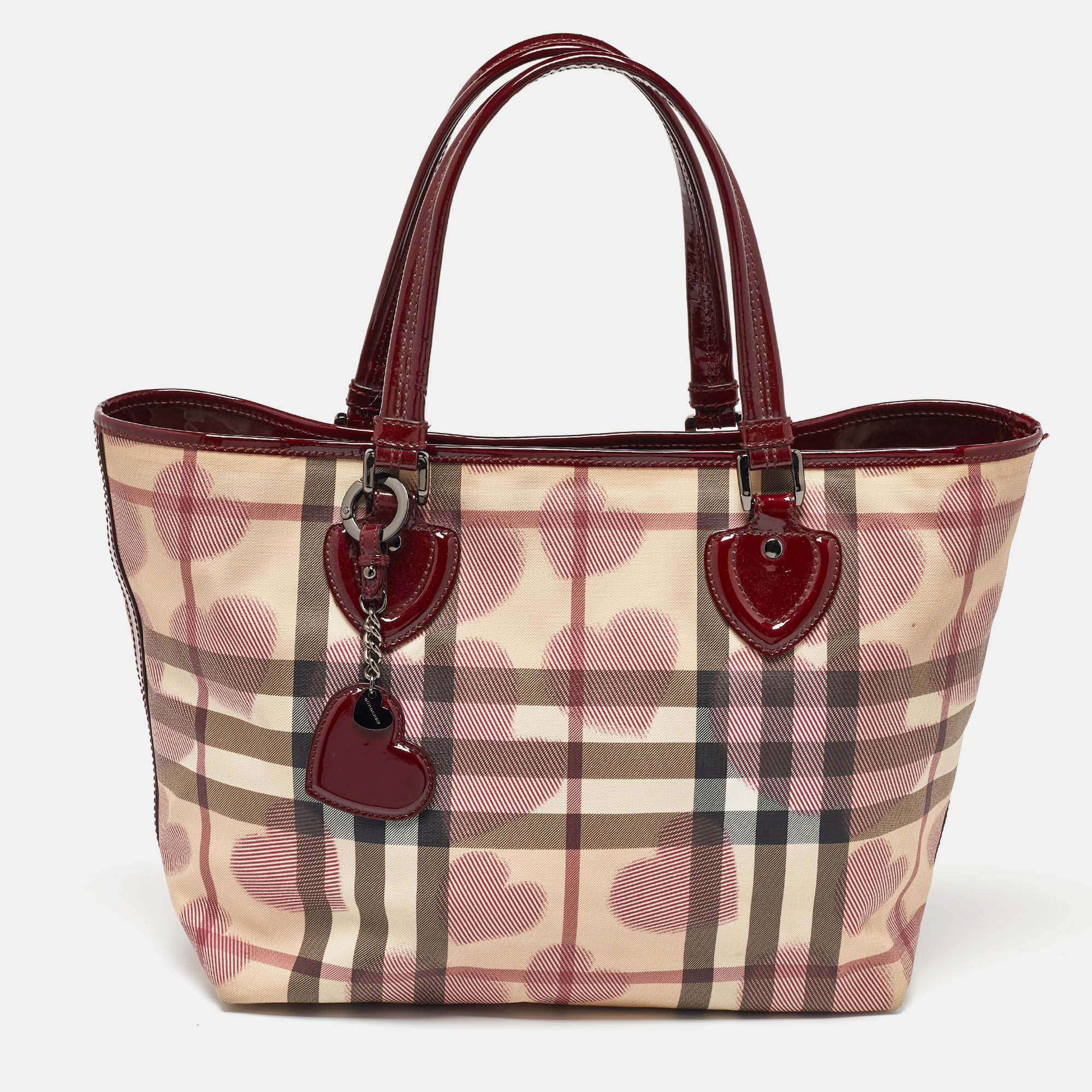 Pre-owned Burberry Beige/burgundy Heart Print Check Pvc And Patent Leather Brit Tote