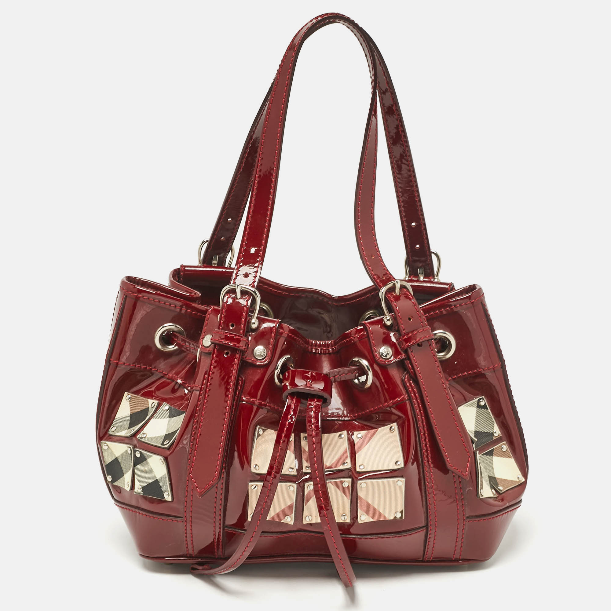 

Burberry Red Nova Check Patent Leather Warrior Drawstring Tote