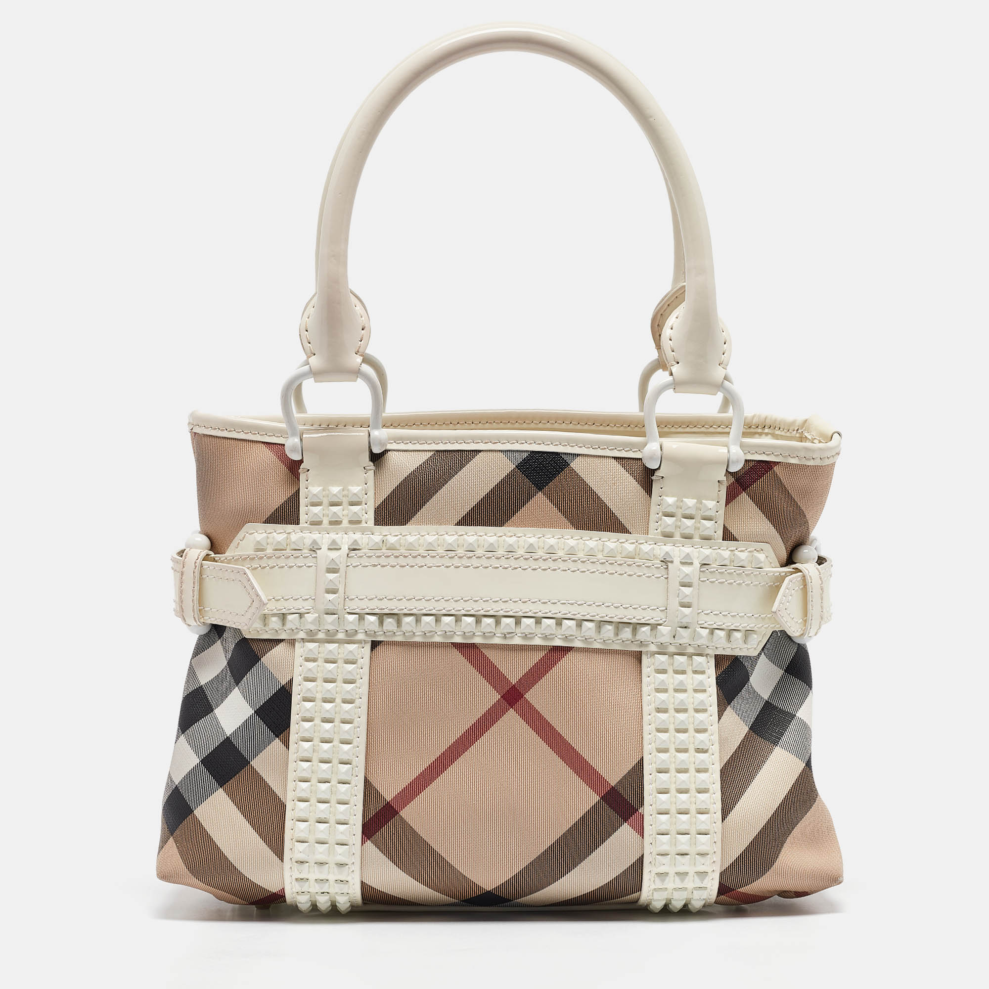 Pre-owned Burberry White/beige Super Nova Check Vinyl Small Studded Rachel Tote