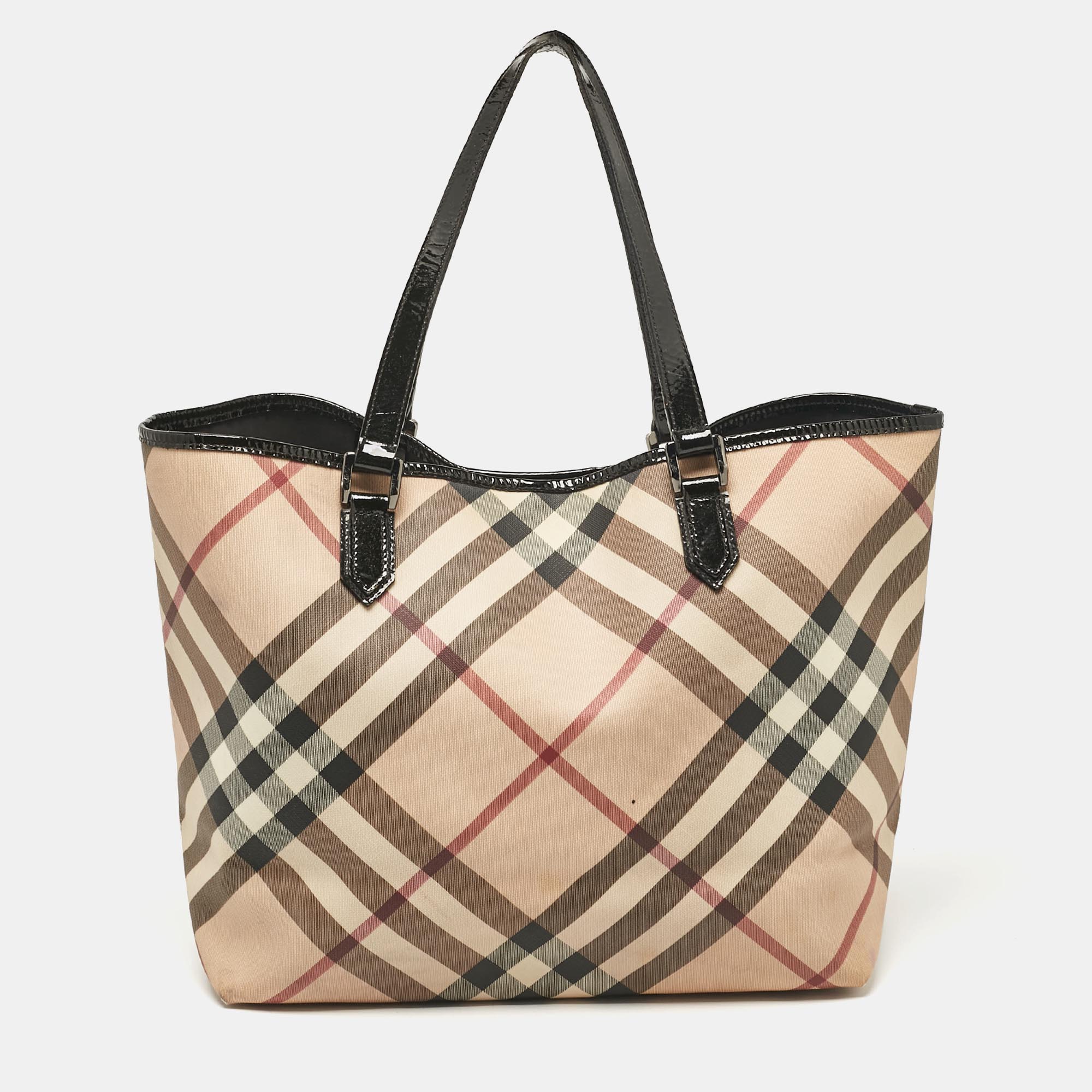 Pre-owned Burberry Black/beige Supernova Check Coated Canvas And Patent Leather Large Nickie Tote