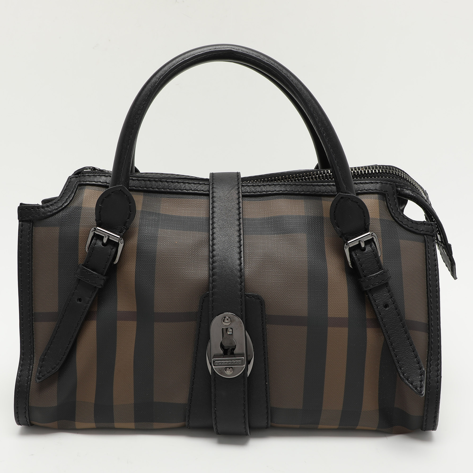 

Burberry Black Smoked Check PVC and Leather Chain Lock Bowling Bag