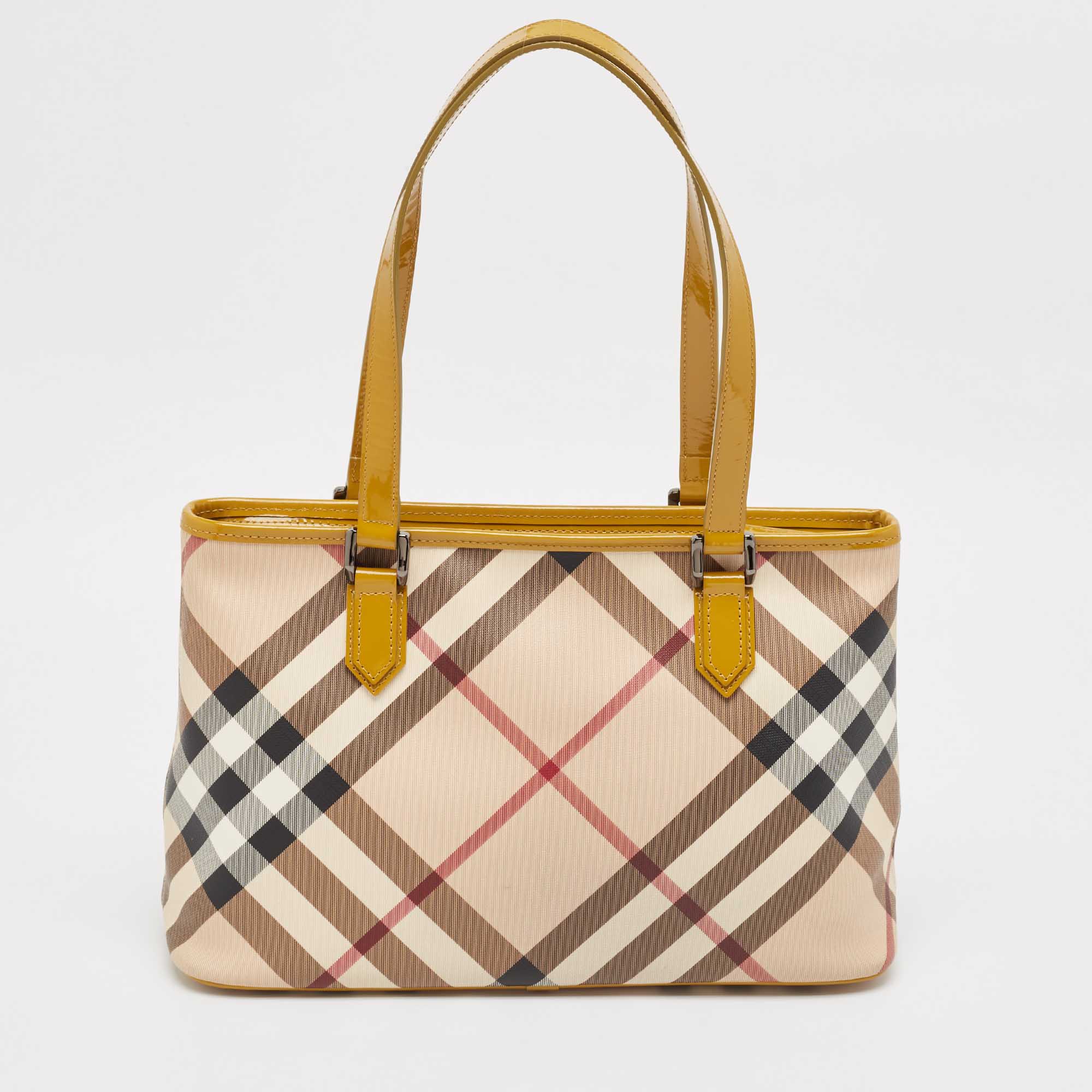 Pre-owned Burberry Mustard/beige Nova Check Pvc And Patent Leather Nickie Tote In Yellow