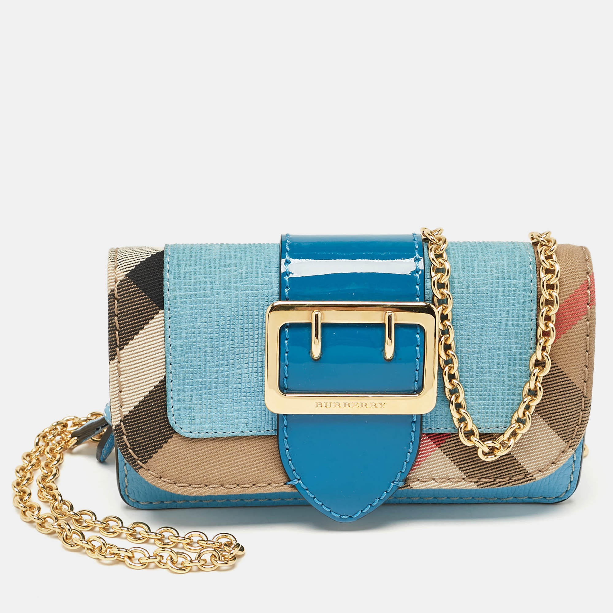 

Burberry Blue/Beige House Check Canvas and Leather Mini Buckle Phone Crossbody Bag