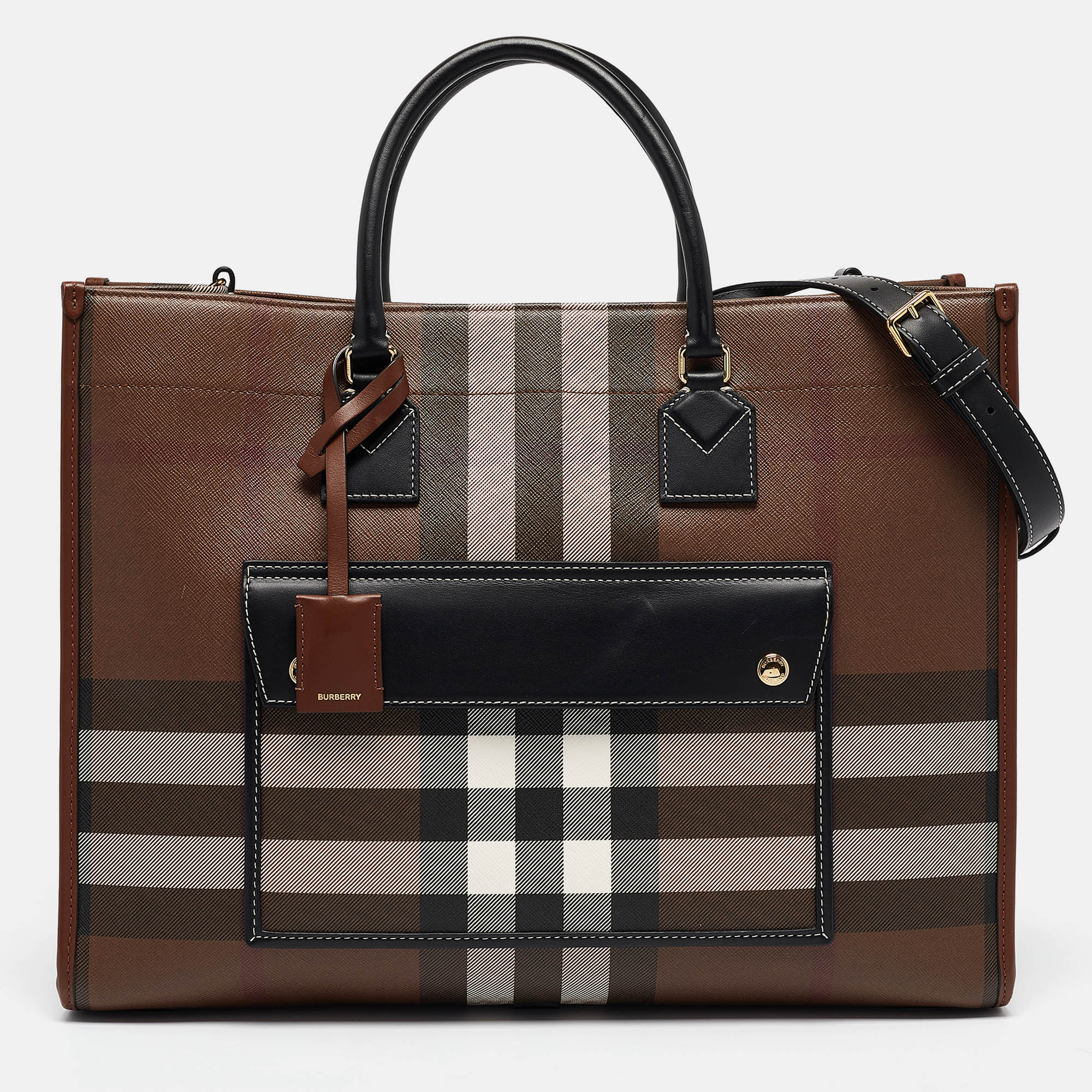 

Burberry Dark Birch Brown Check Coated Canvas and Leather Medium Freya Tote