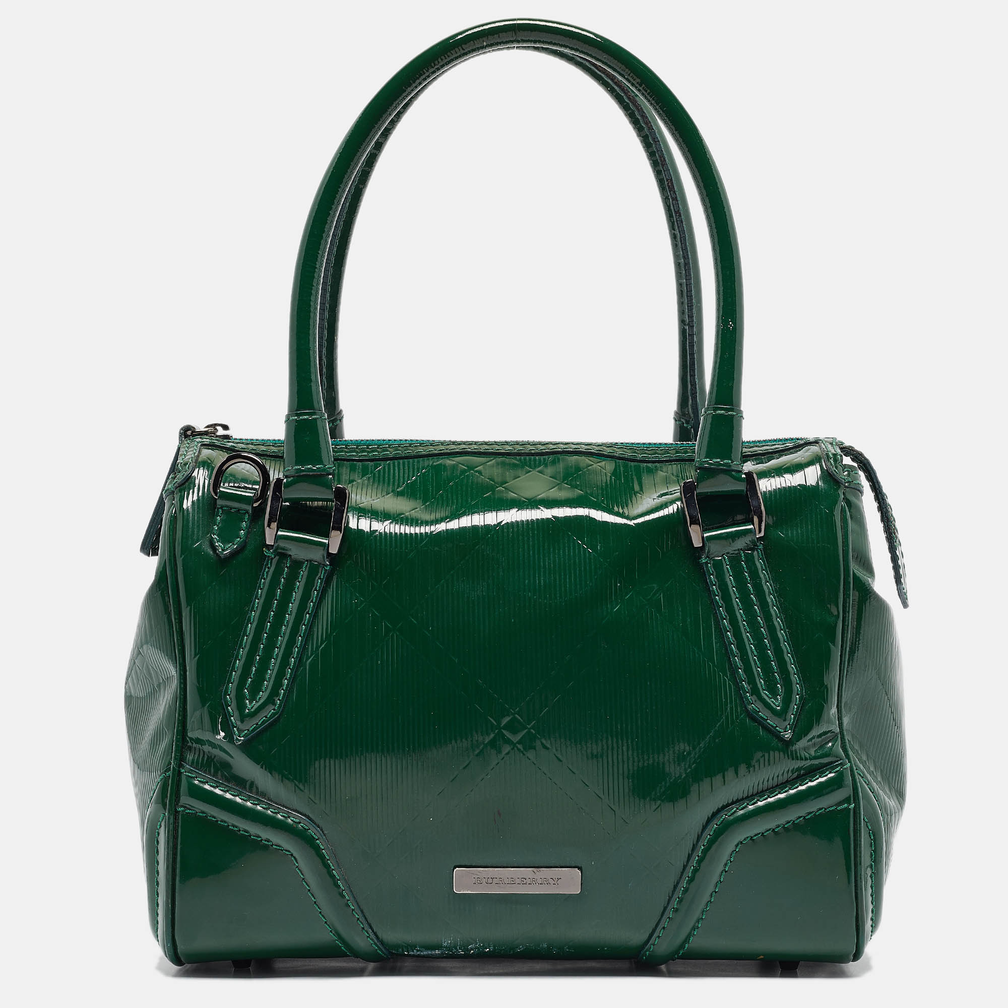 

Burberry Green Check Embossed Patent Leather Anford Satchel