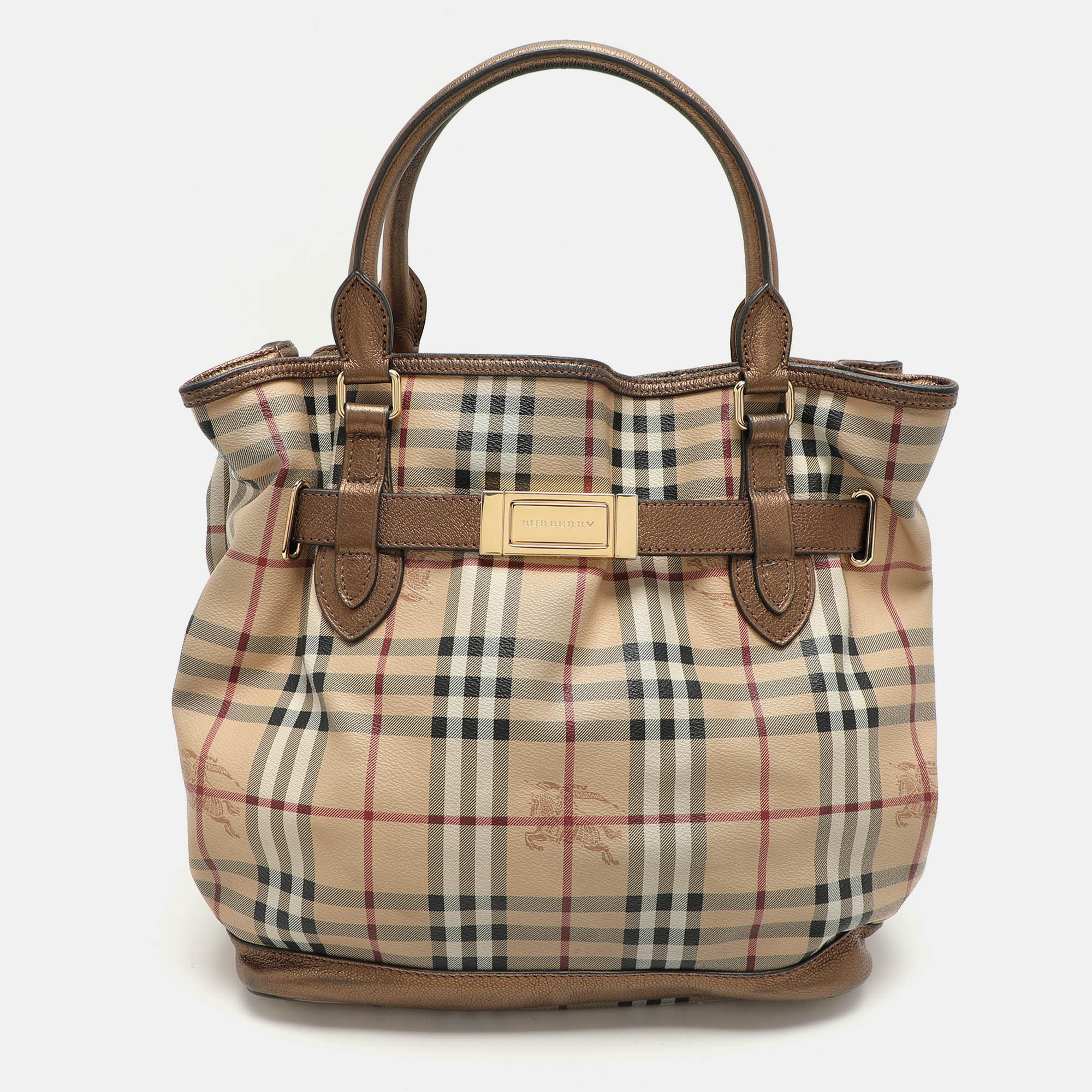 

Burberry Beige/Brown Haymarket Check PVC and Leather Medium Golderton Tote