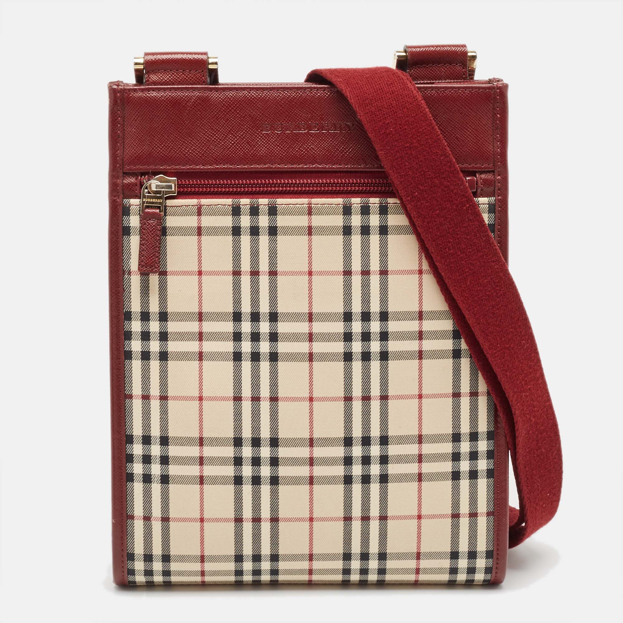 

Burberry Red/Beige House Check Fabric and Leather Crossbody Bag