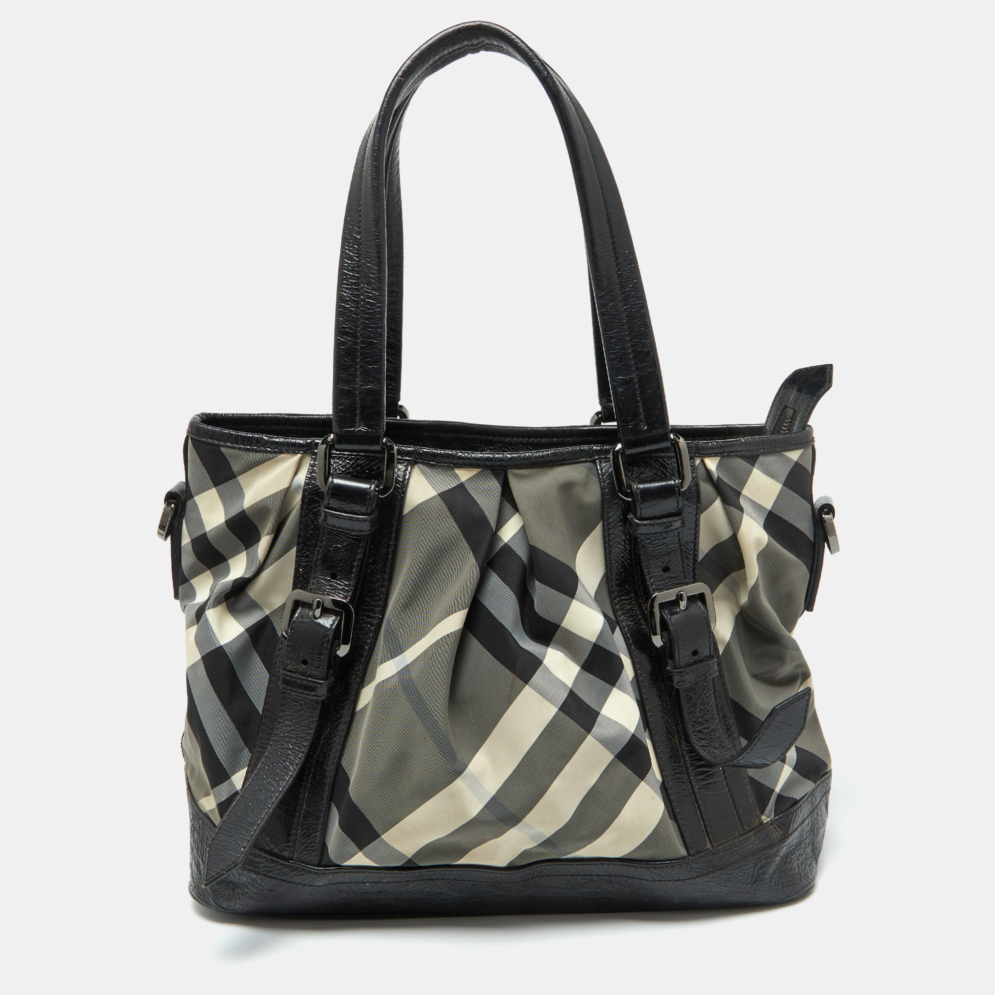 

Burberry Grey/Black Beat Check Nylon and Patent Leather Lowry Tote