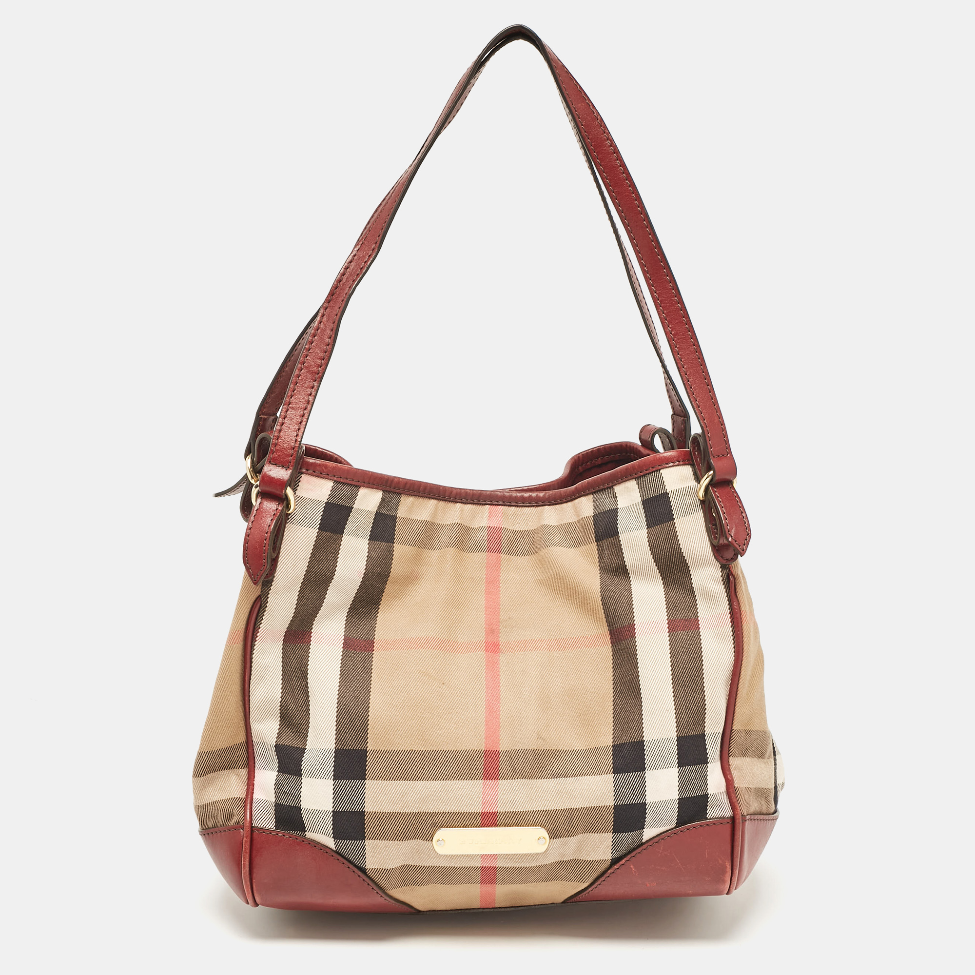 

Burberry Beige/Maroon Leather and House Check Fabric Small Canterbury Tote