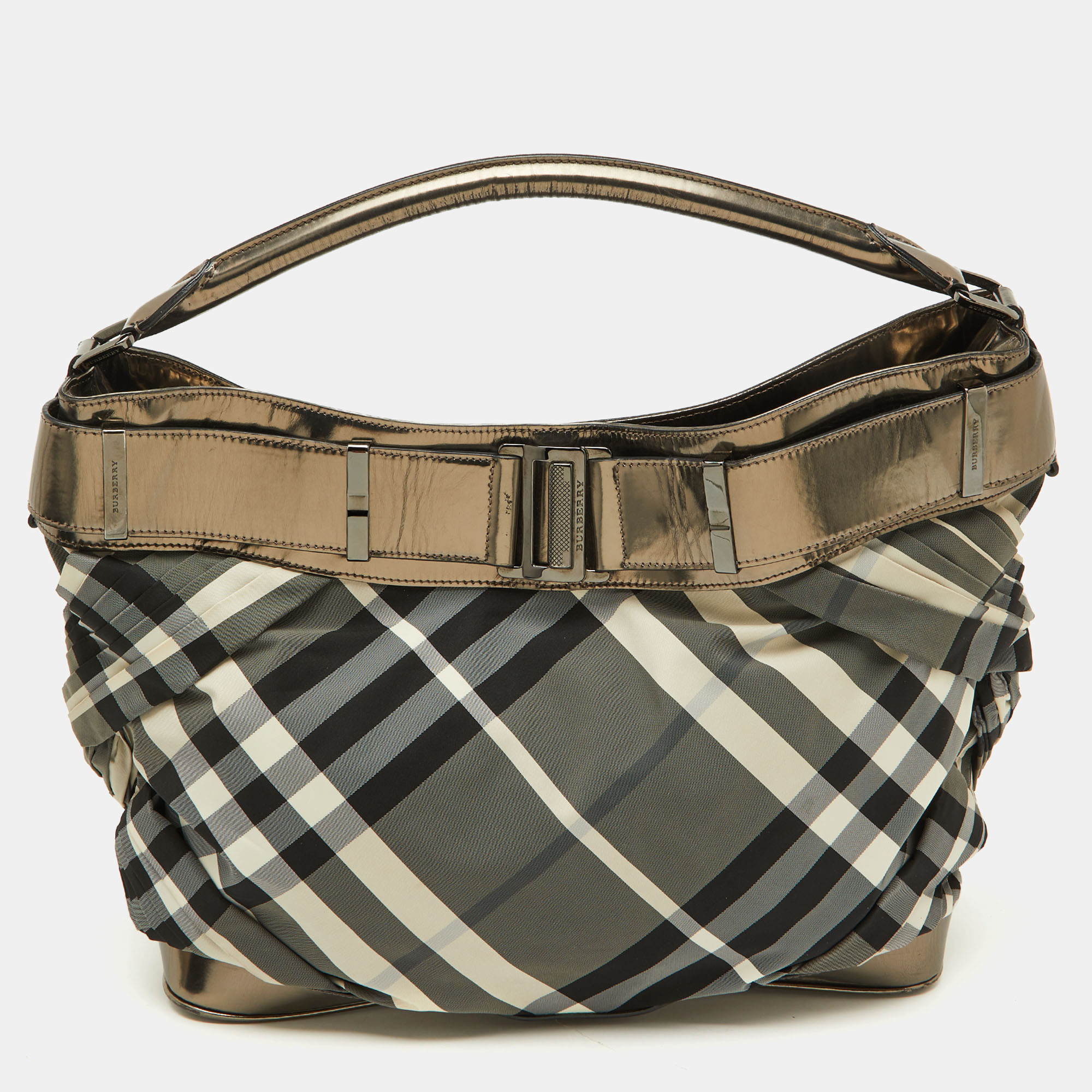 

Burberry Metallic/Black Beat Check Nylon and Leather Buckle Hobo