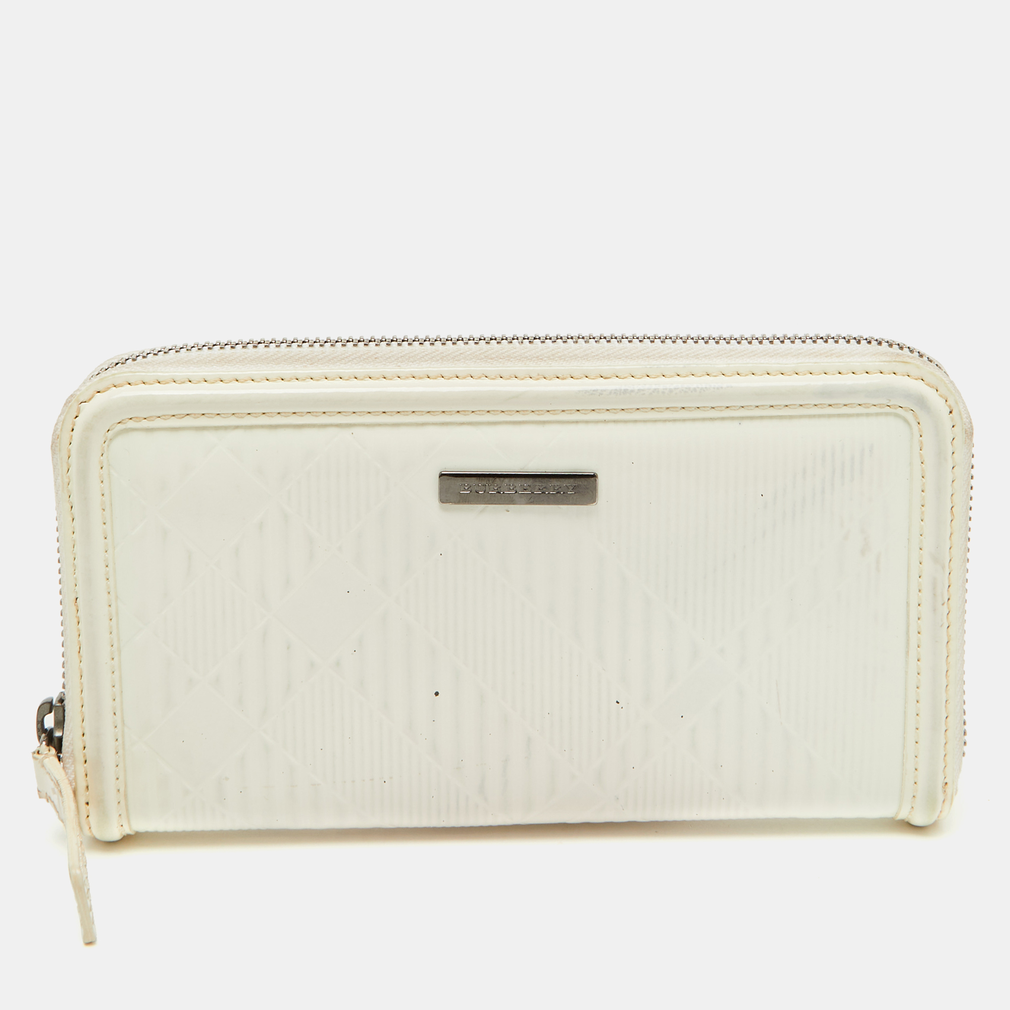 

Burberry White Check Embossed Patent Leather Zip Round Wallet, Yellow