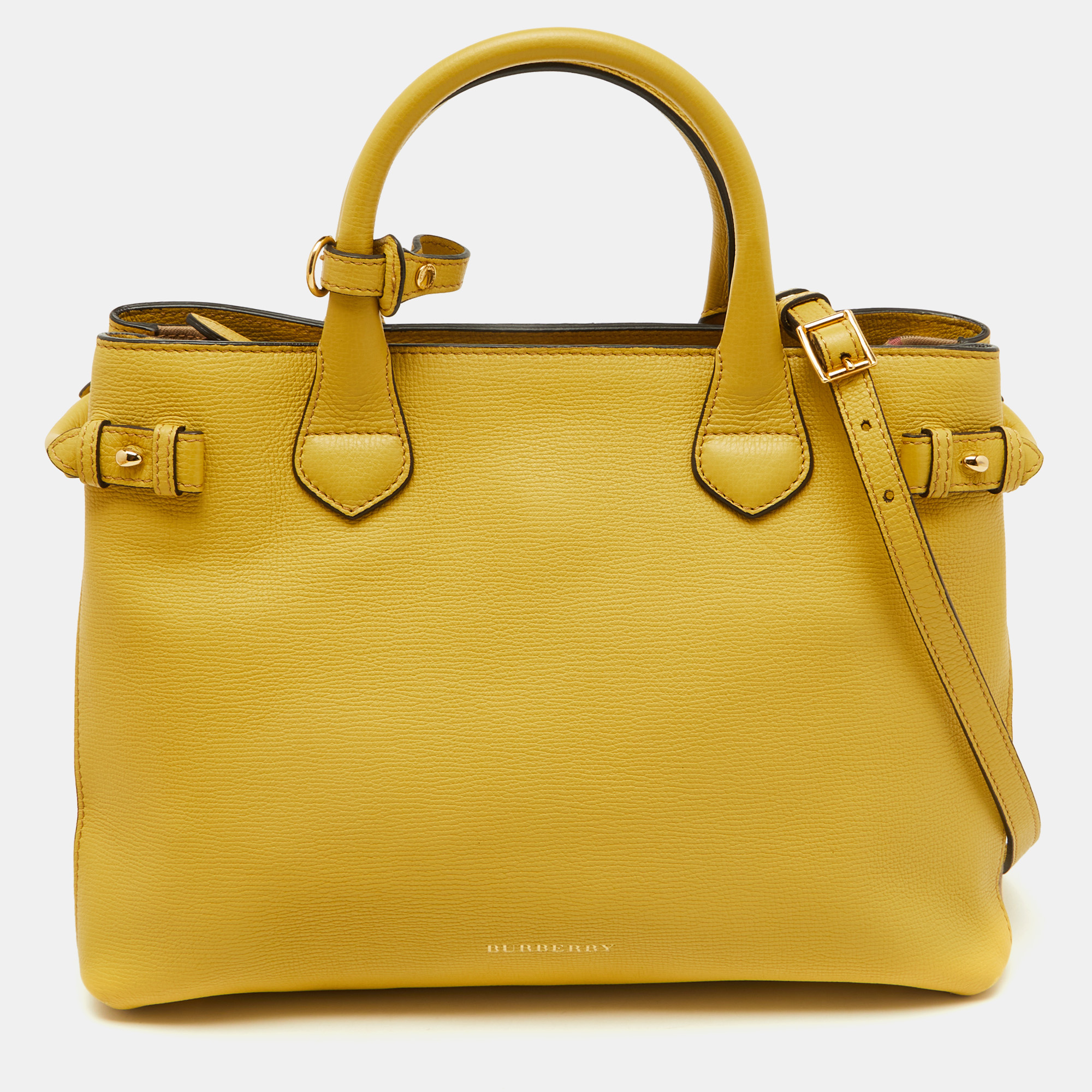 

Burberry Yellow Leather and House Check Canvas Medium Banner Tote