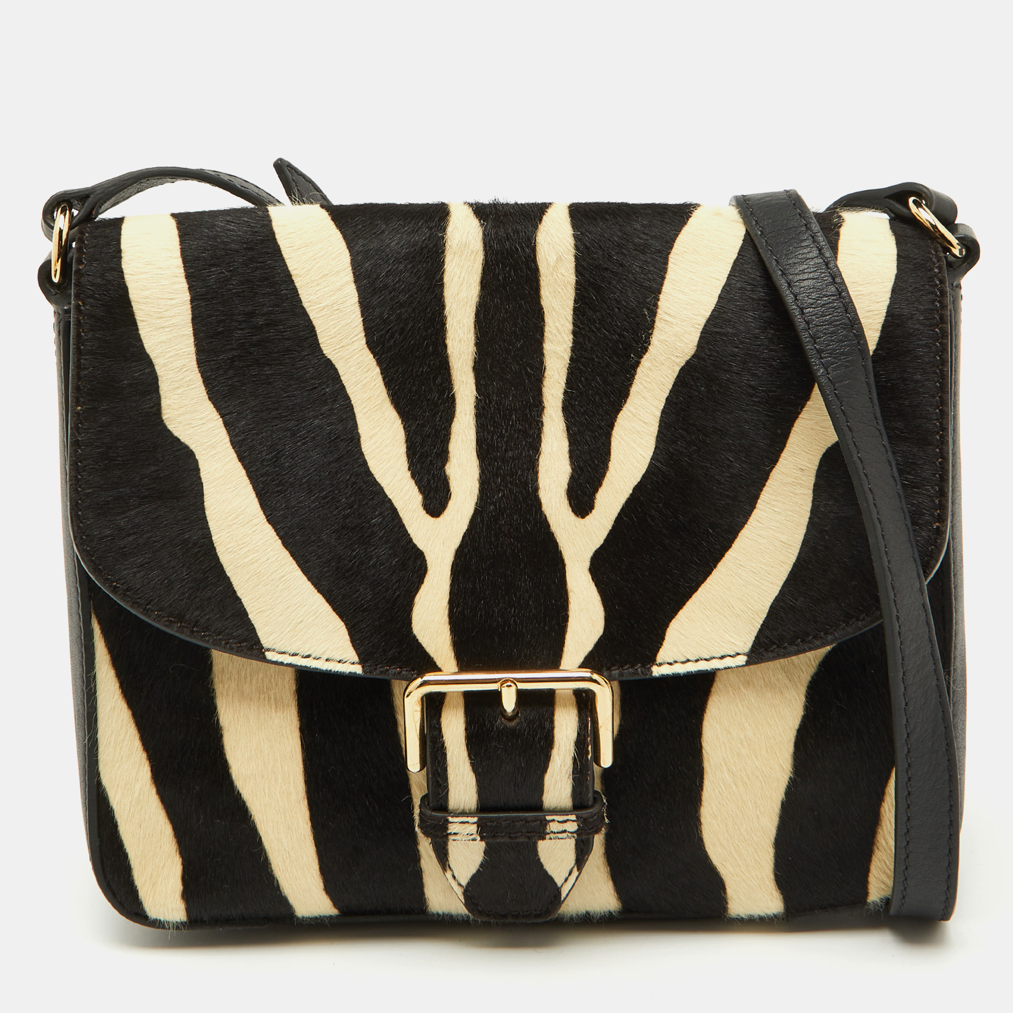 

Burberry Black/Cream Zebra Print Calf Hair Buckle Crossbody Bag