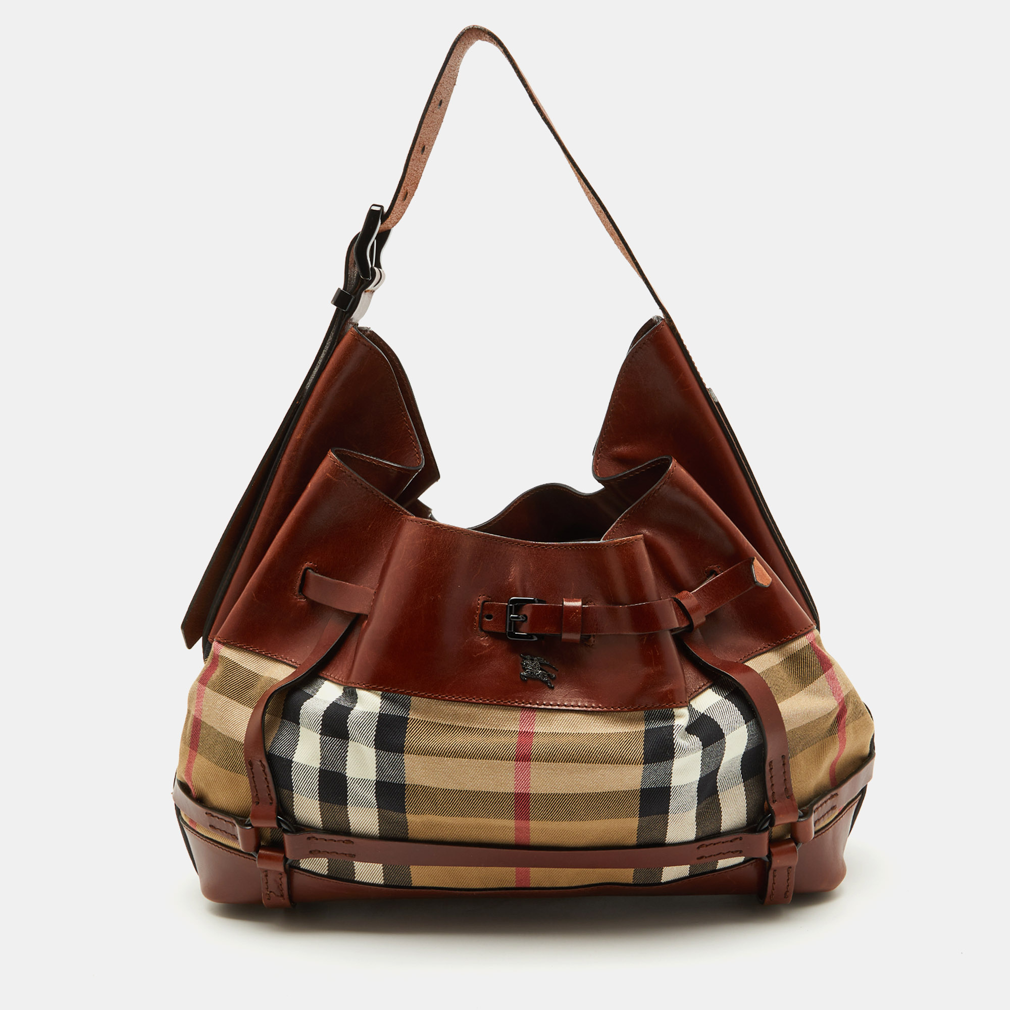 

Burberry Brown/Beige House Check Canvas and Leather Bridle Hobo