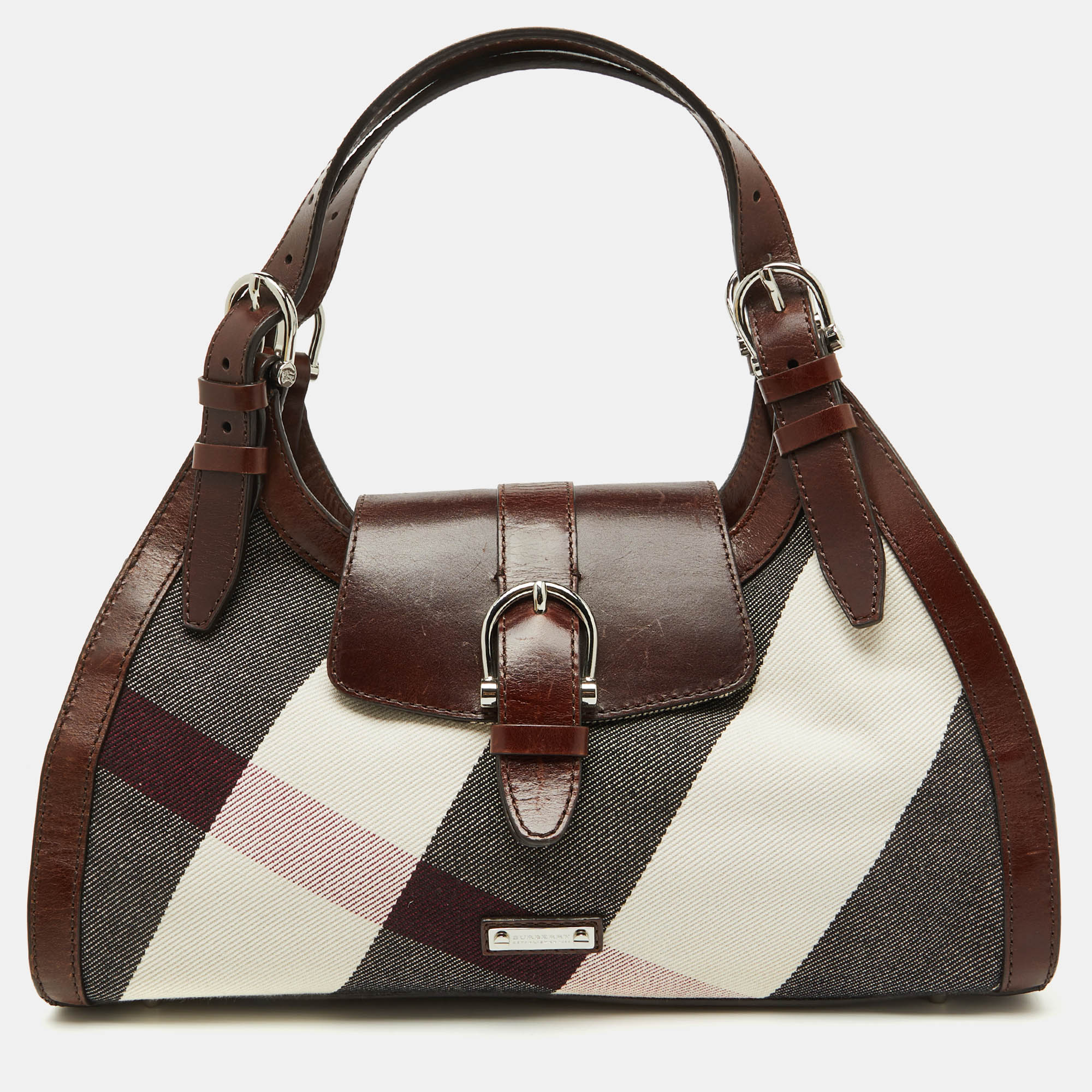 

Burberry Brown Mega Check Canvas and Leather Buckle Flap Shoulder Bag