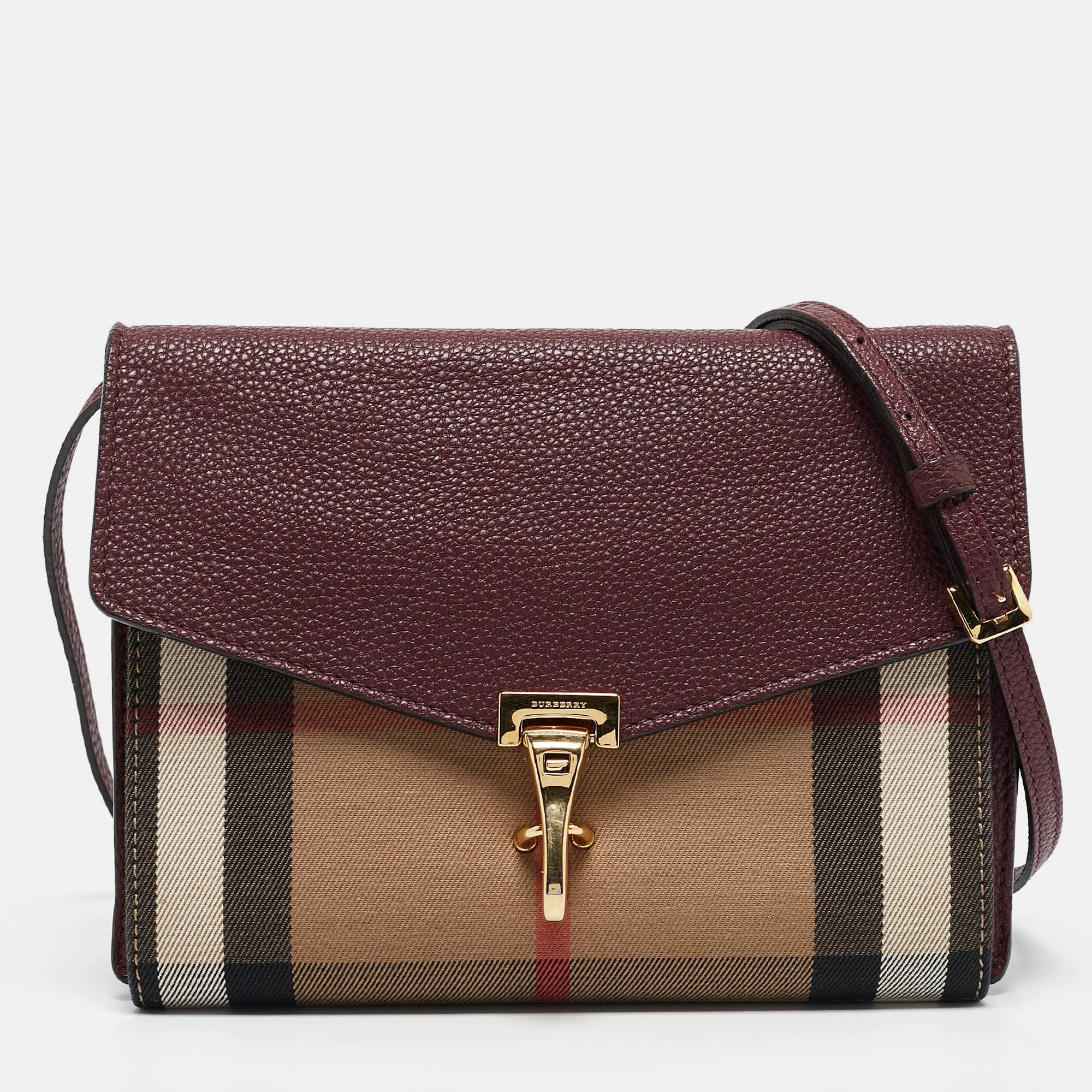 Pre-owned Burberry Burgundy/beige Check Fabric And Leather Small Macken Crossbody Bag