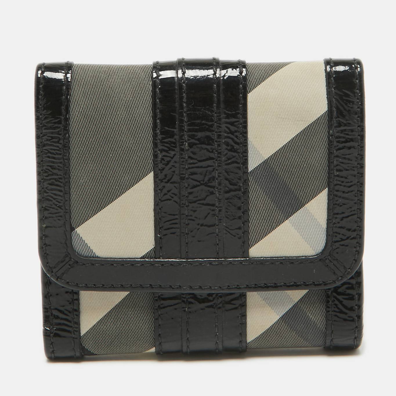 

Burberry Smoke Beat Check Nylon and Patent Leather French Wallet, Black