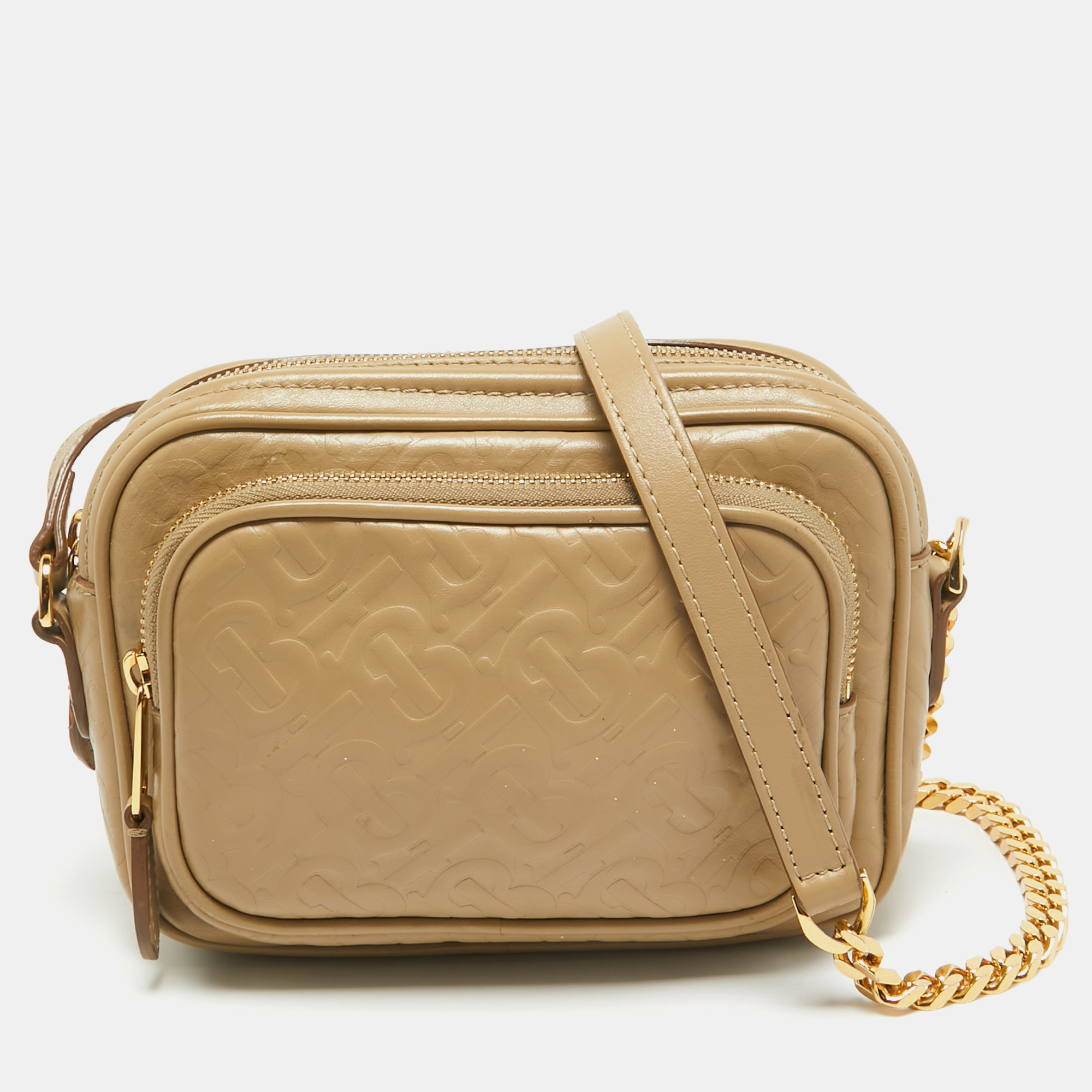 

Burberry Beige Monogram Embossed Leather Camera Crossbody Bag