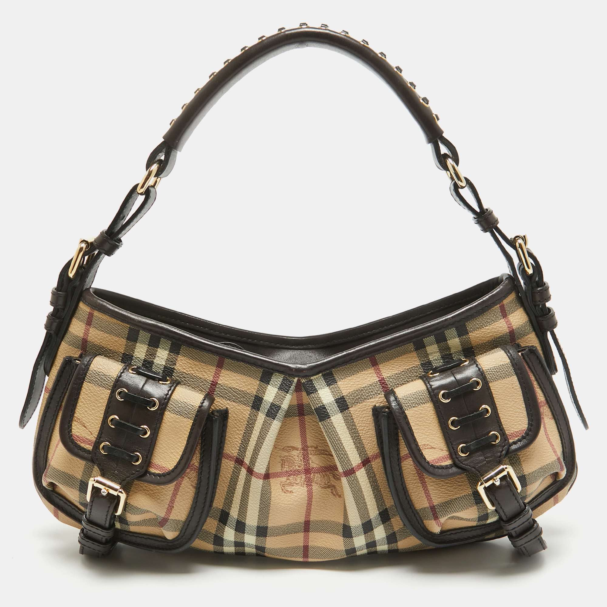 

Burberry Brown/Beige Haymarket Check PVC and Leather Stitch Detail Hobo