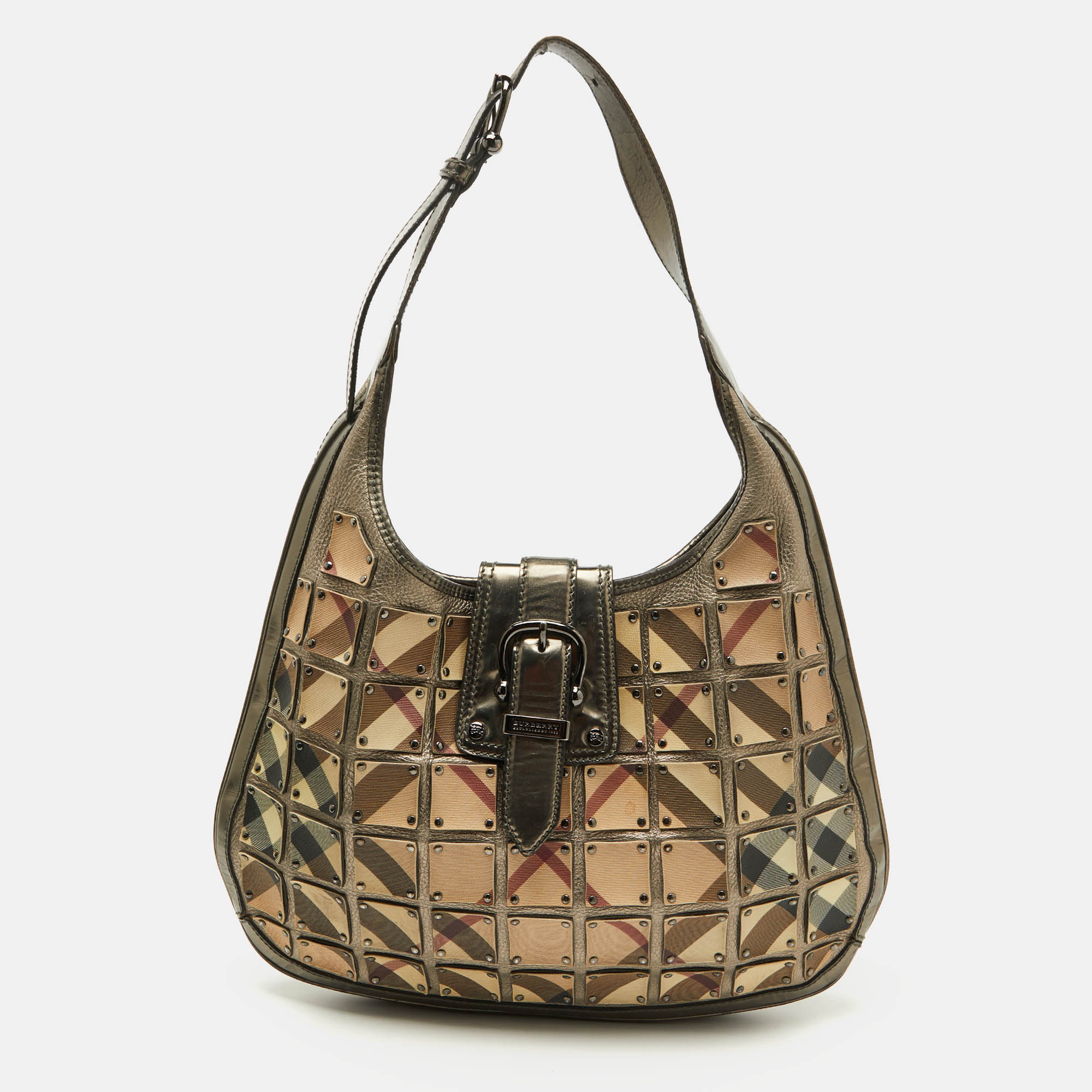 

Burberry Metallic/Beige Nova Check PVC and Leather Studded Brooke Warrior Hobo