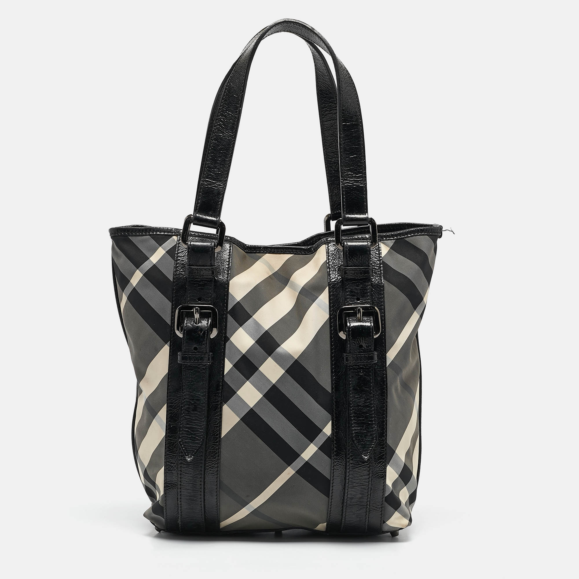 

Burberry Grey/Black Beat Check Nylon and Patent Leather Lowry Tote