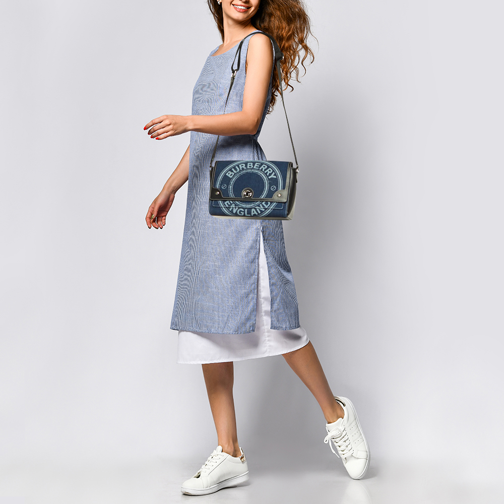 Burberry Blue/Black Denim and Leather Medium Note Logo Shoulder Bag 