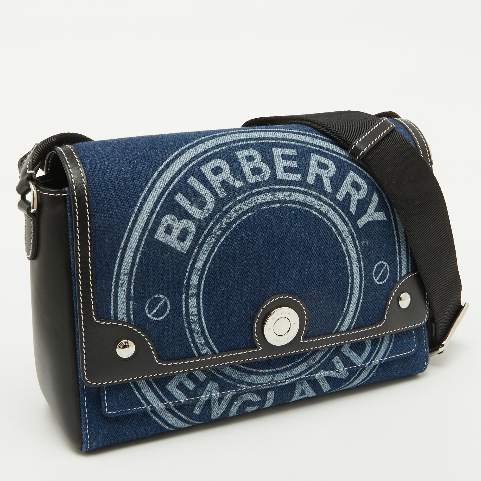 Burberry Blue/Black Denim and Leather Medium Note Logo Shoulder Bag 